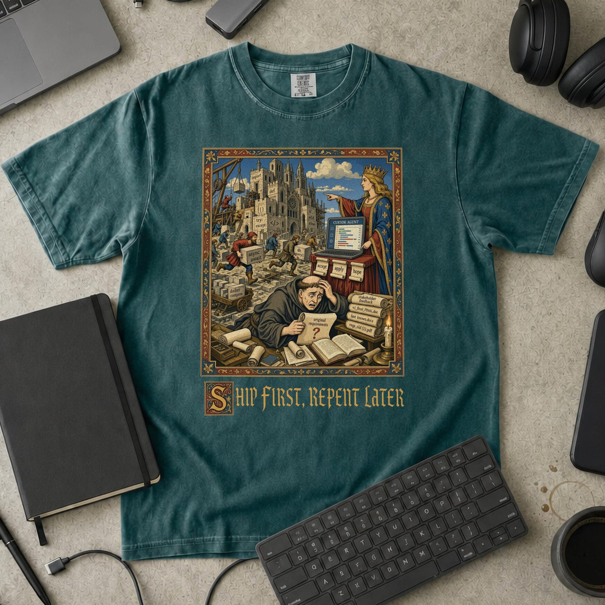 Ship First Repent Later Premium Shirt — blue spruce Premium Shirt mock-up