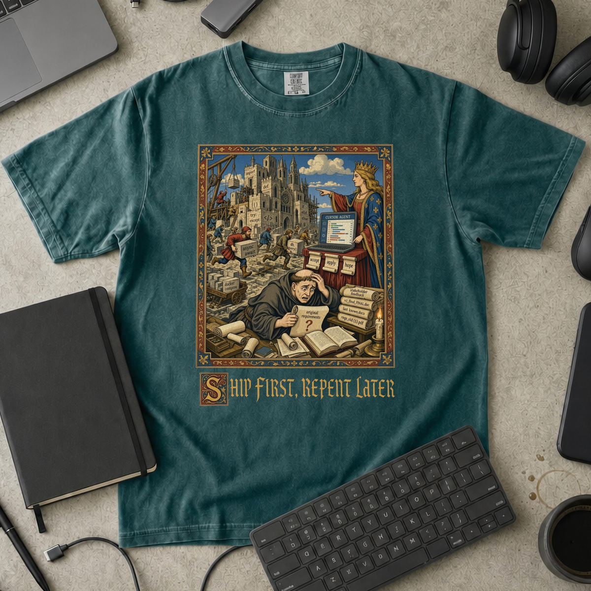 Ship First Repent Later Premium Shirt — blue spruce Premium Shirt mock-up