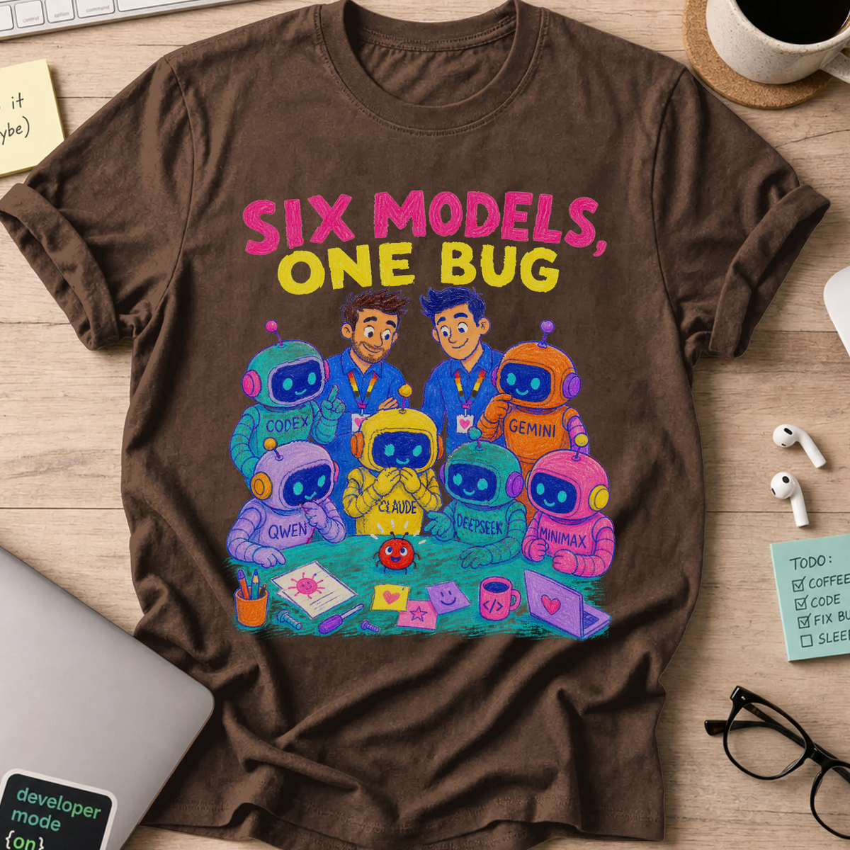 Six Models, One Bug Shirt — Dark Chocolate storefront mockup