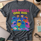 Six Models, One Bug Shirt — Dark Heather storefront mockup