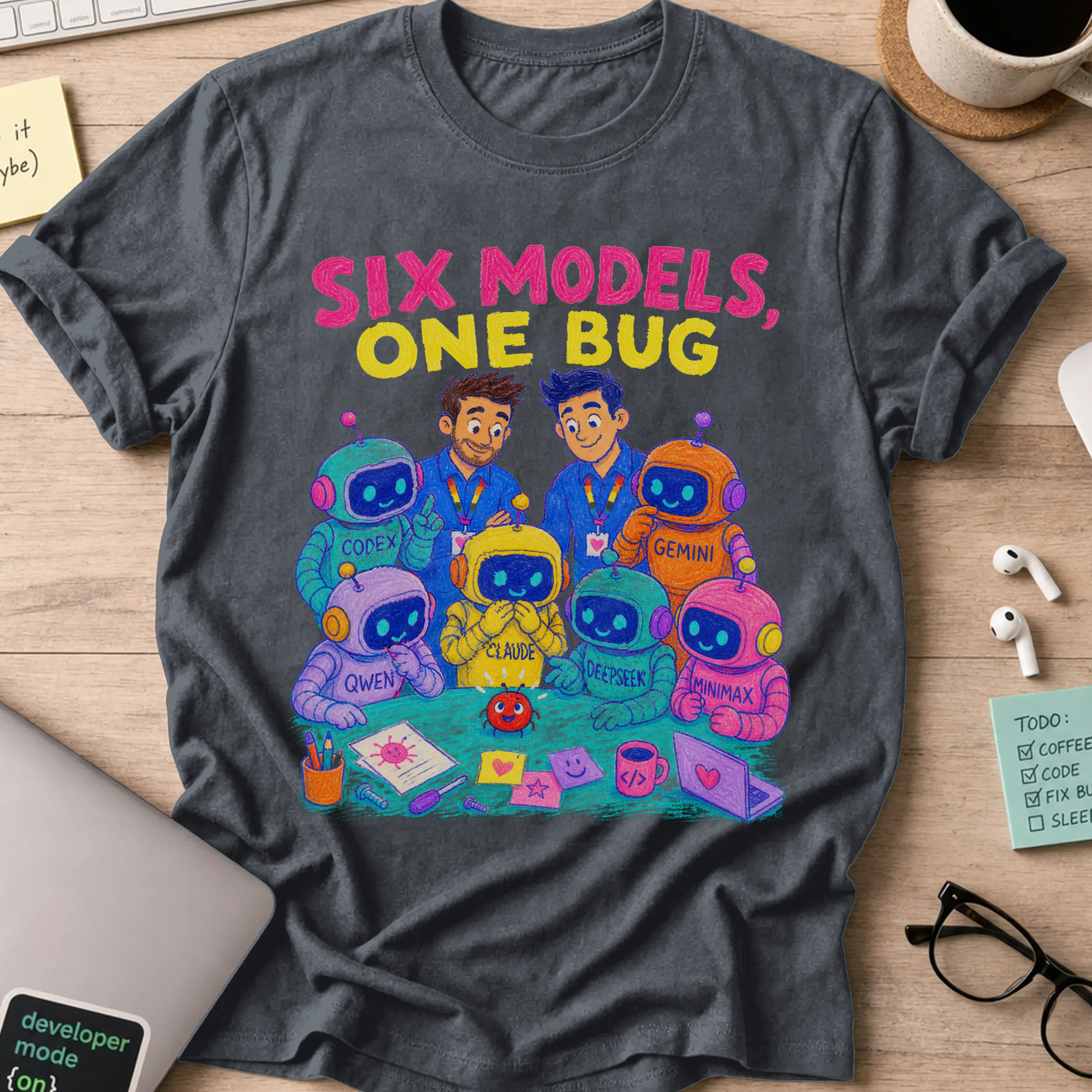 Six Models, One Bug Shirt — Dark Heather storefront mockup