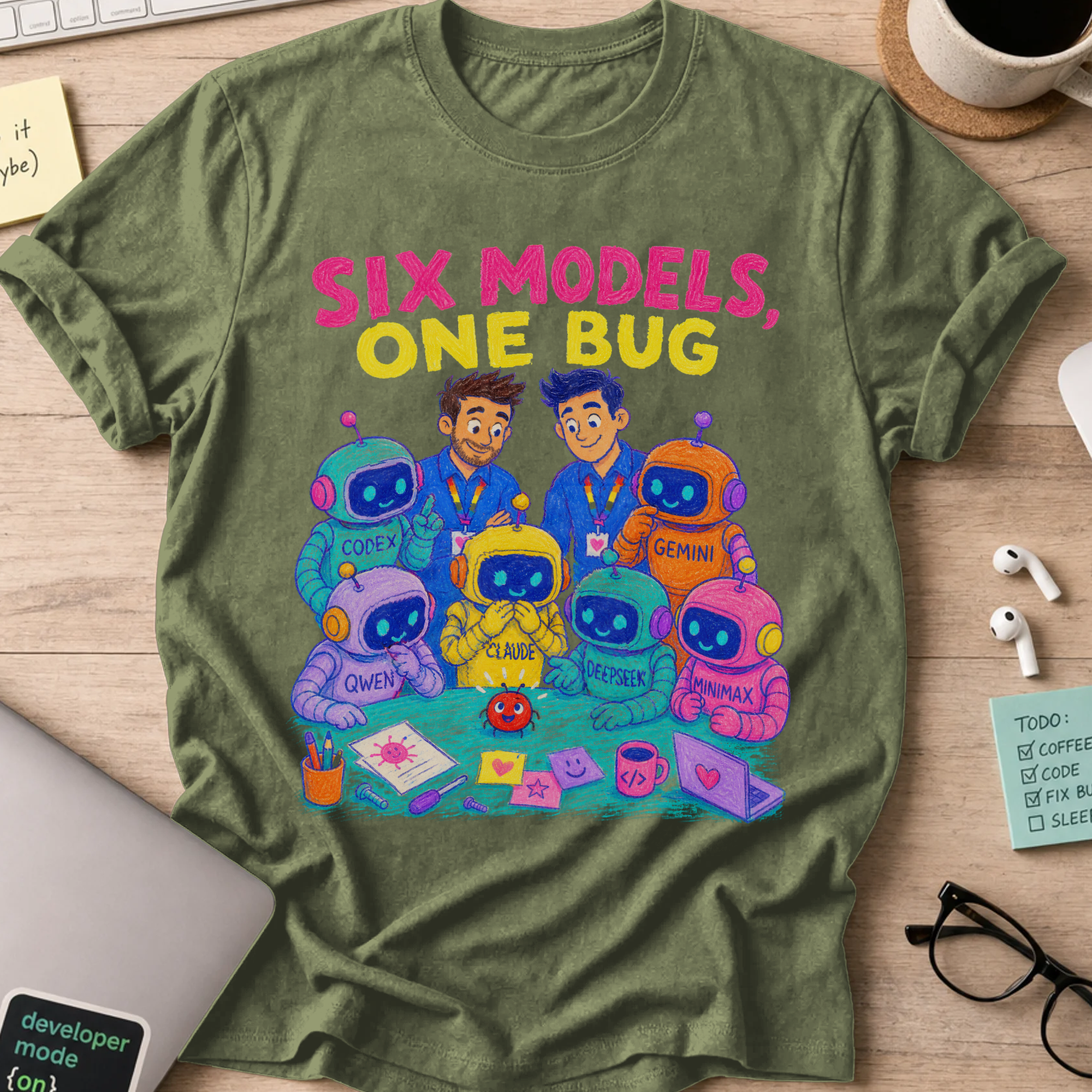 Six Models, One Bug Shirt — Military Green storefront mockup