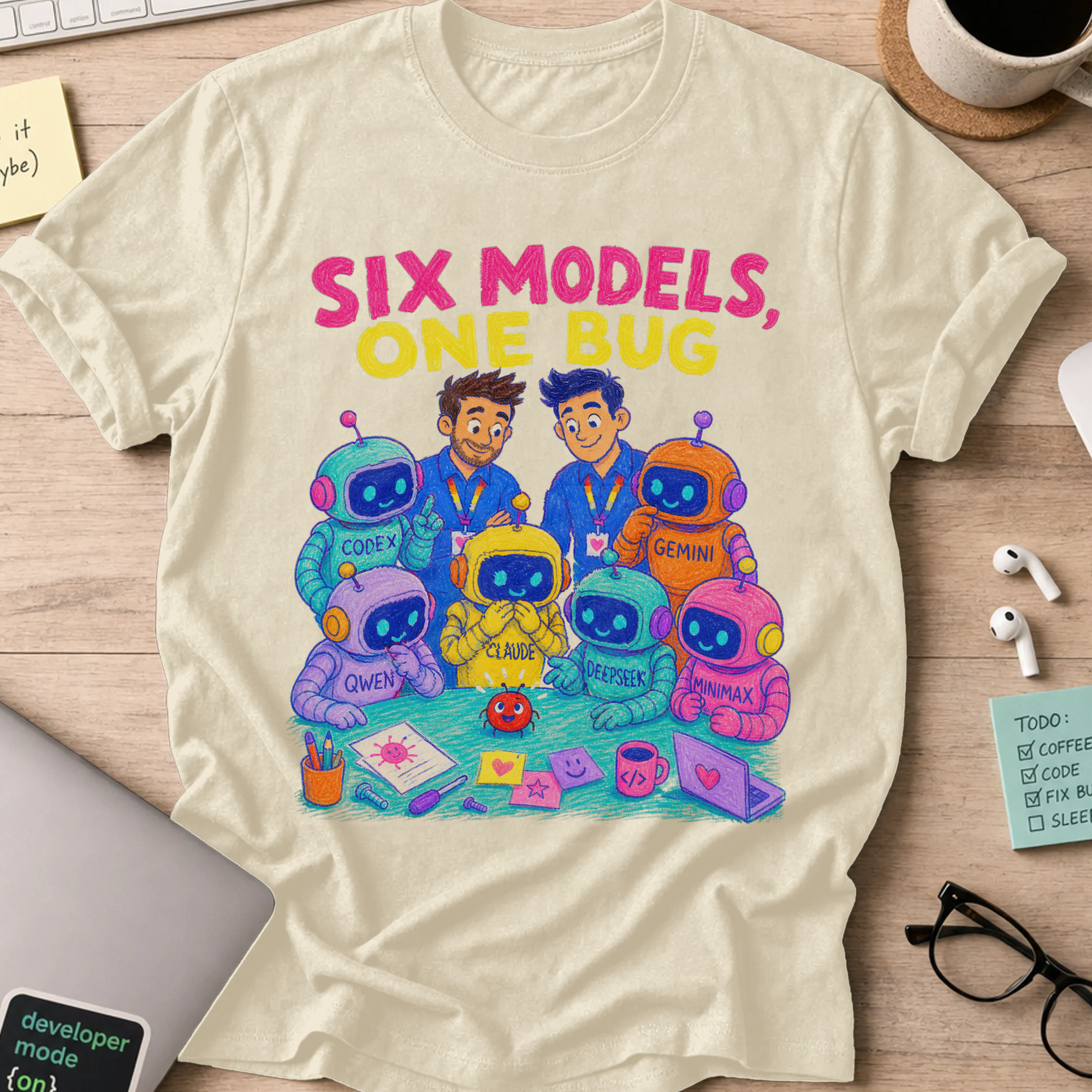 Six Models, One Bug Shirt — Natural storefront mockup