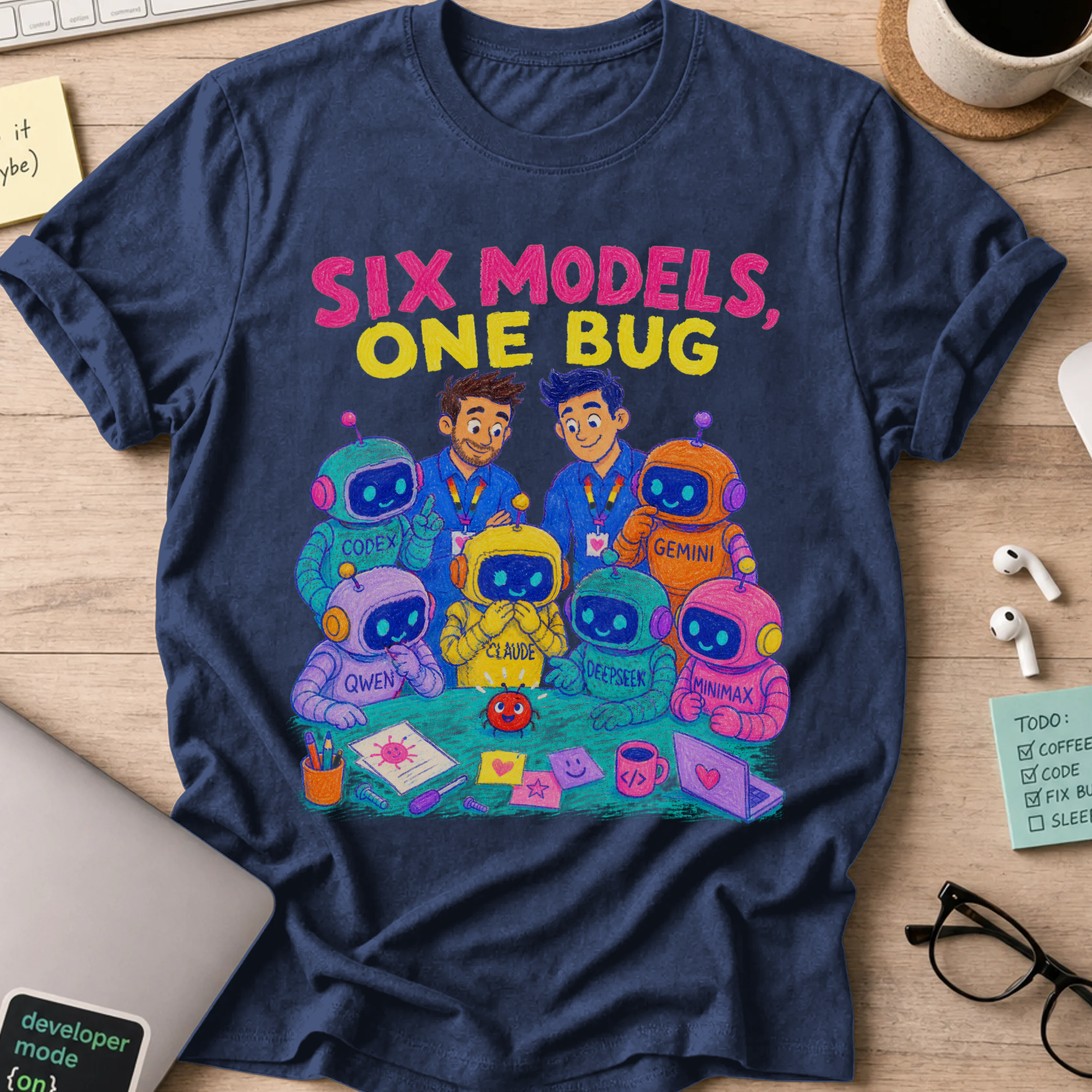 Six Models, One Bug Shirt — Navy storefront mockup
