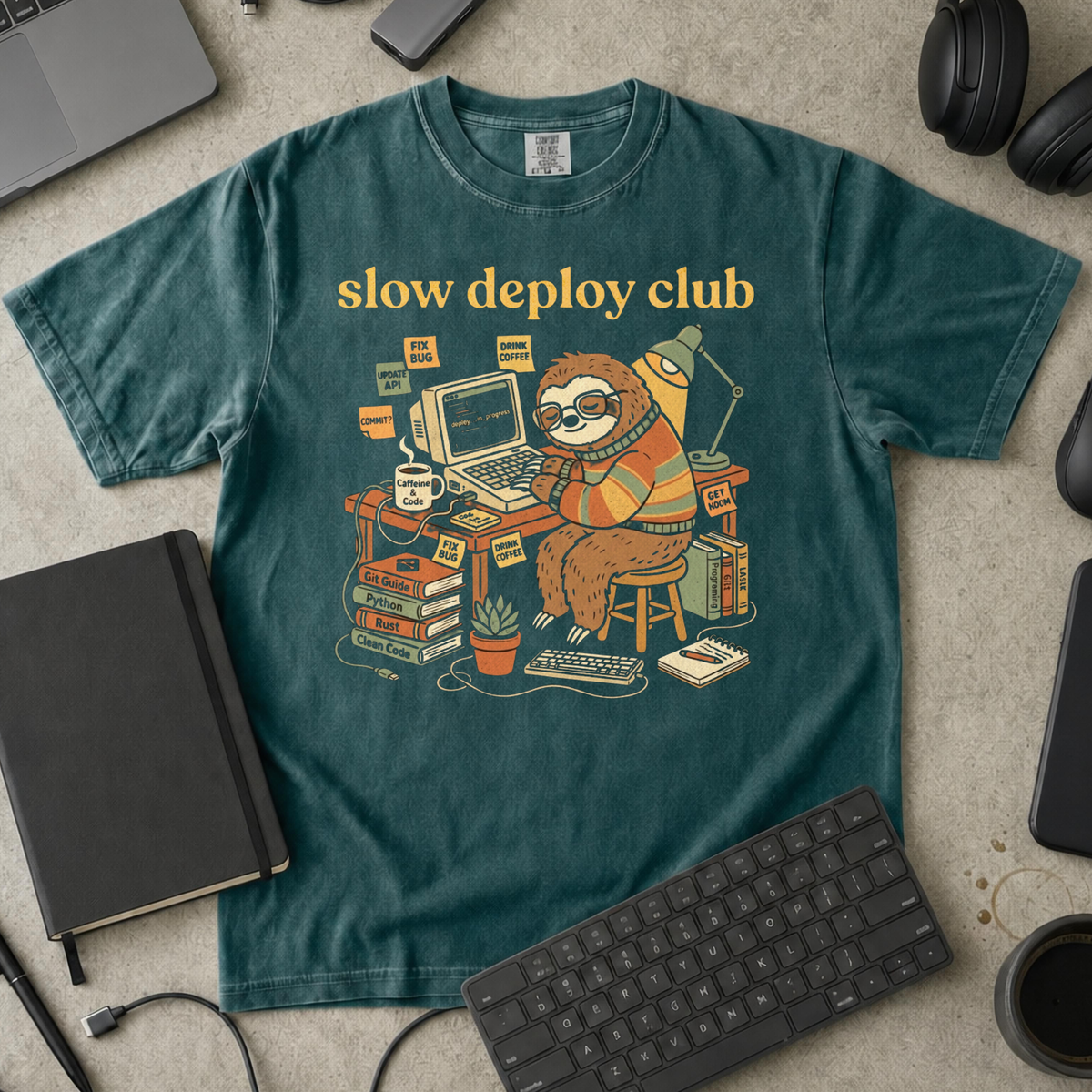 Slow Deploy Club Premium Shirt — blue spruce Premium Shirt mock-up
