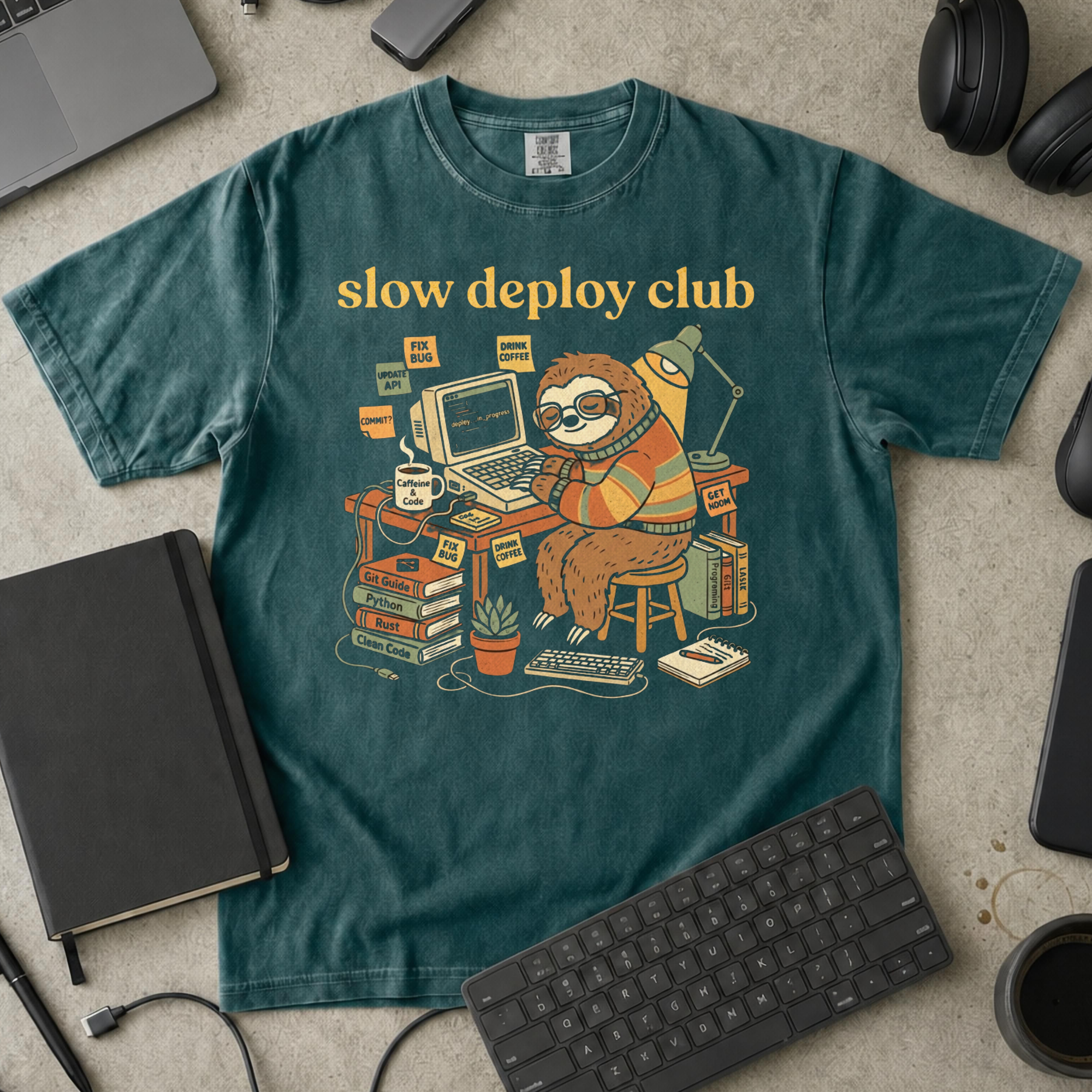 Slow Deploy Club Premium Shirt — blue spruce Premium Shirt mock-up