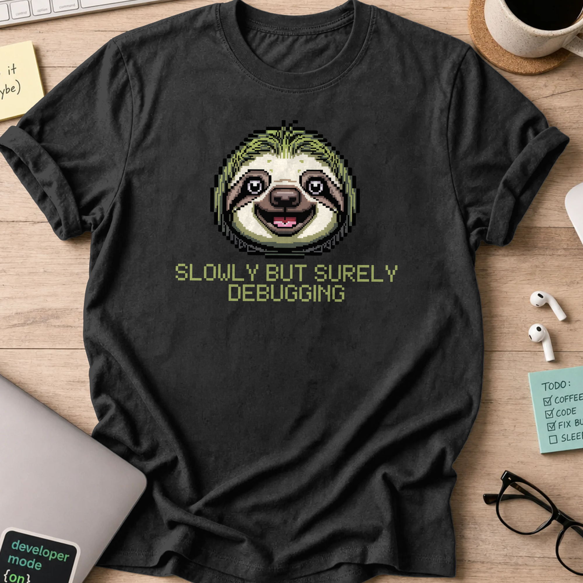 Black programmer shirt printed with "Slowly but surely debugging", a funny developer t-shirt and coding gift for software engineers and coders.
