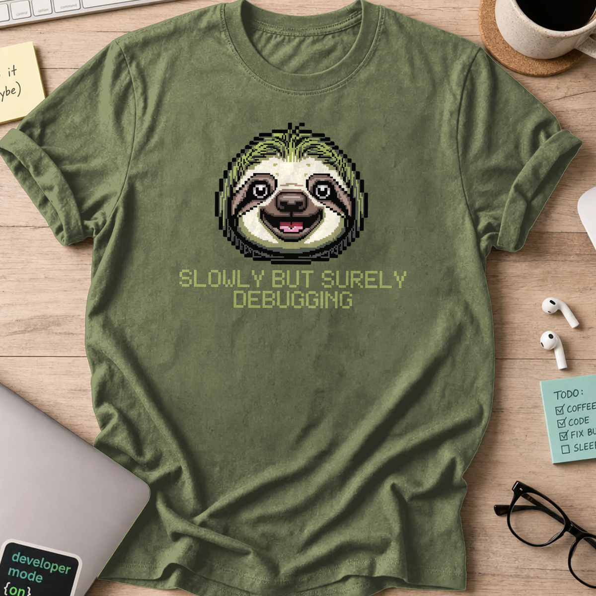 Military Green programmer shirt printed with "Slowly but surely debugging", a funny developer t-shirt and coding gift for software engineers.
