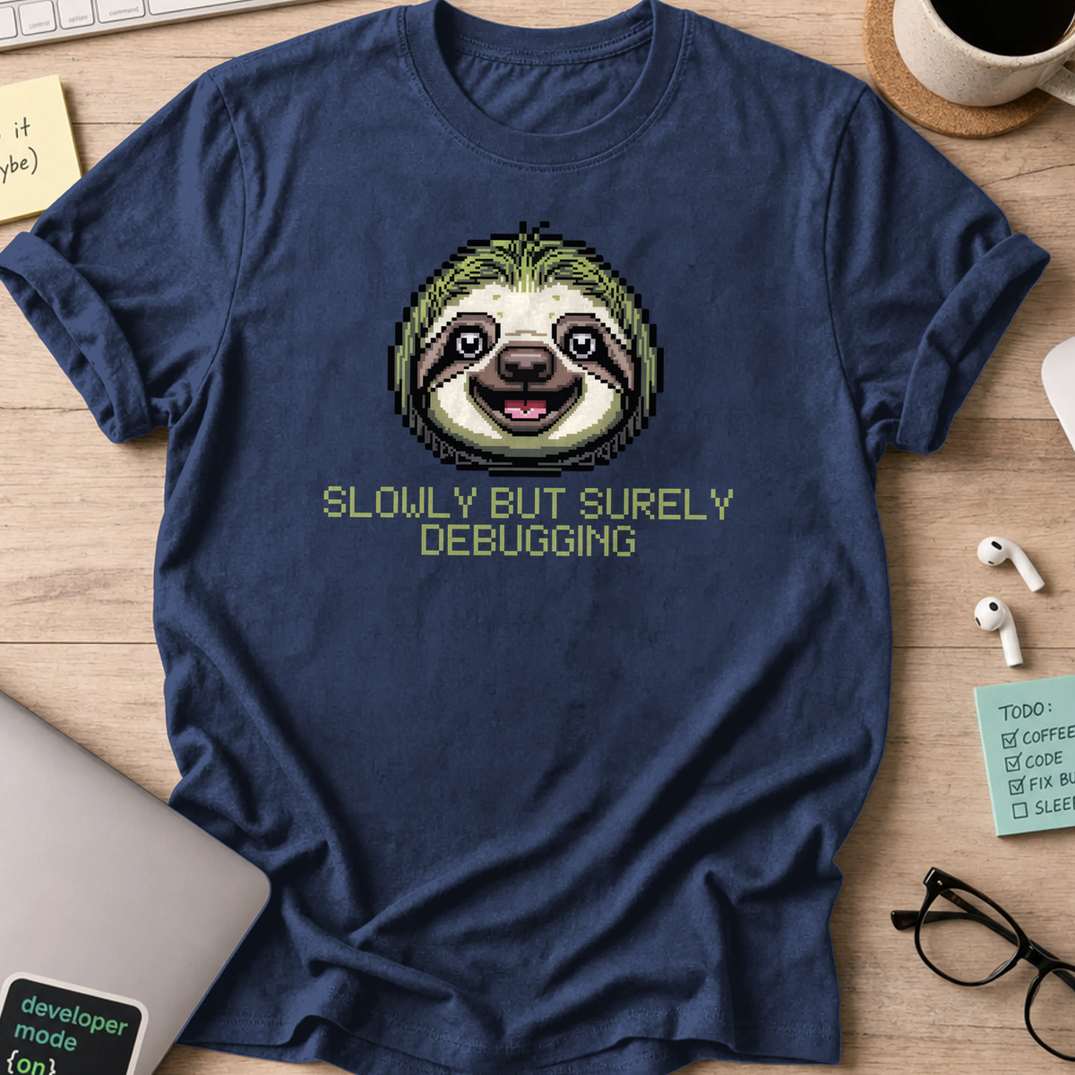 Navy programmer shirt printed with "Slowly but surely debugging", a funny developer t-shirt and coding gift for software engineers and coders.