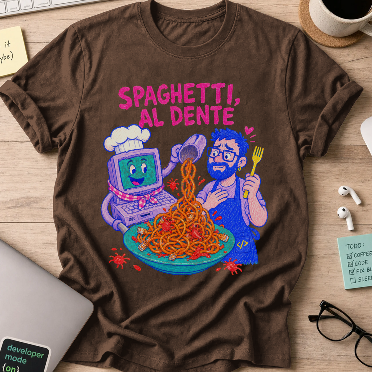 Spaghetti Al Dente Shirt — Dark Chocolate storefront mockup