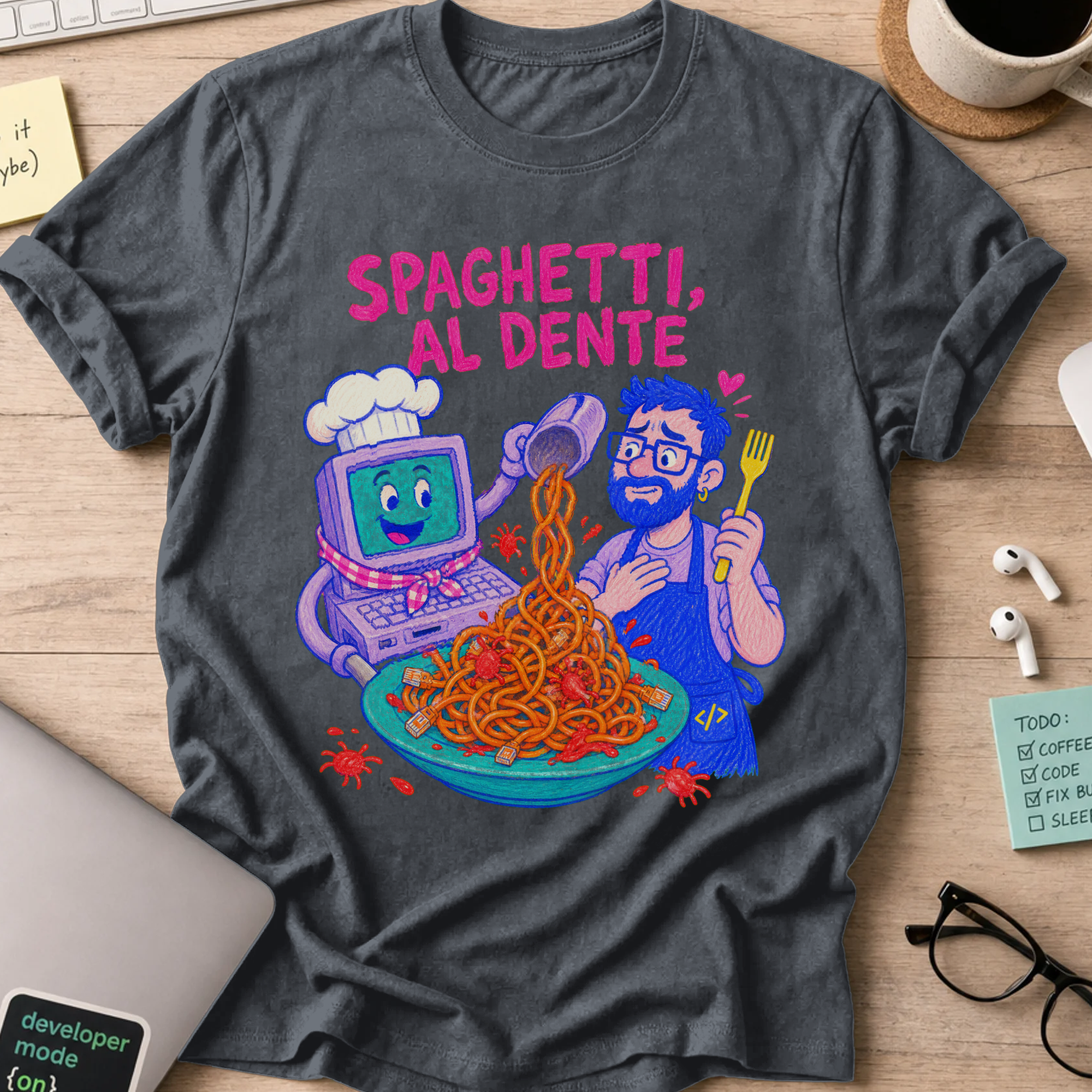 Spaghetti Al Dente Shirt — Dark Heather storefront mockup