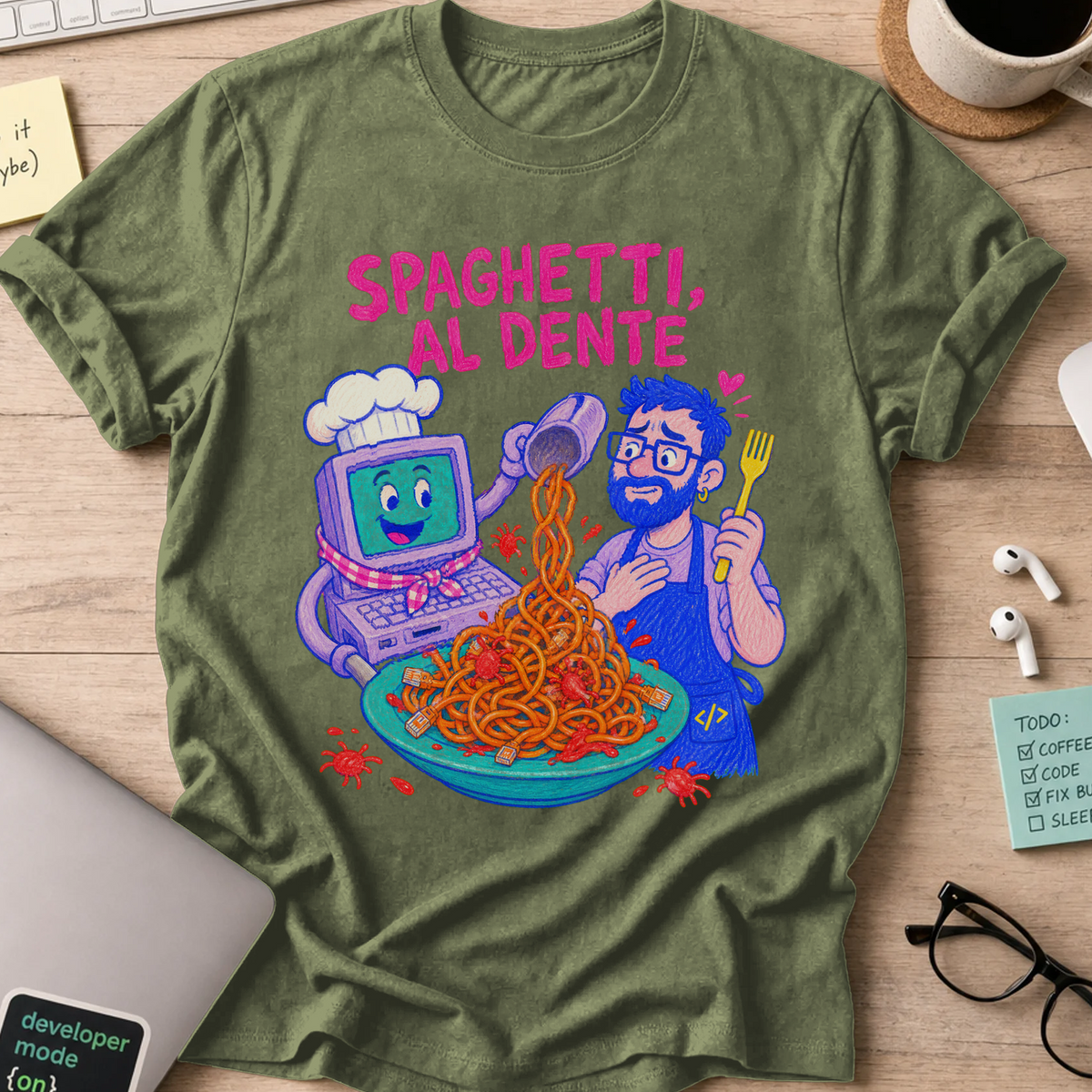 Spaghetti Al Dente Shirt — Military Green storefront mockup
