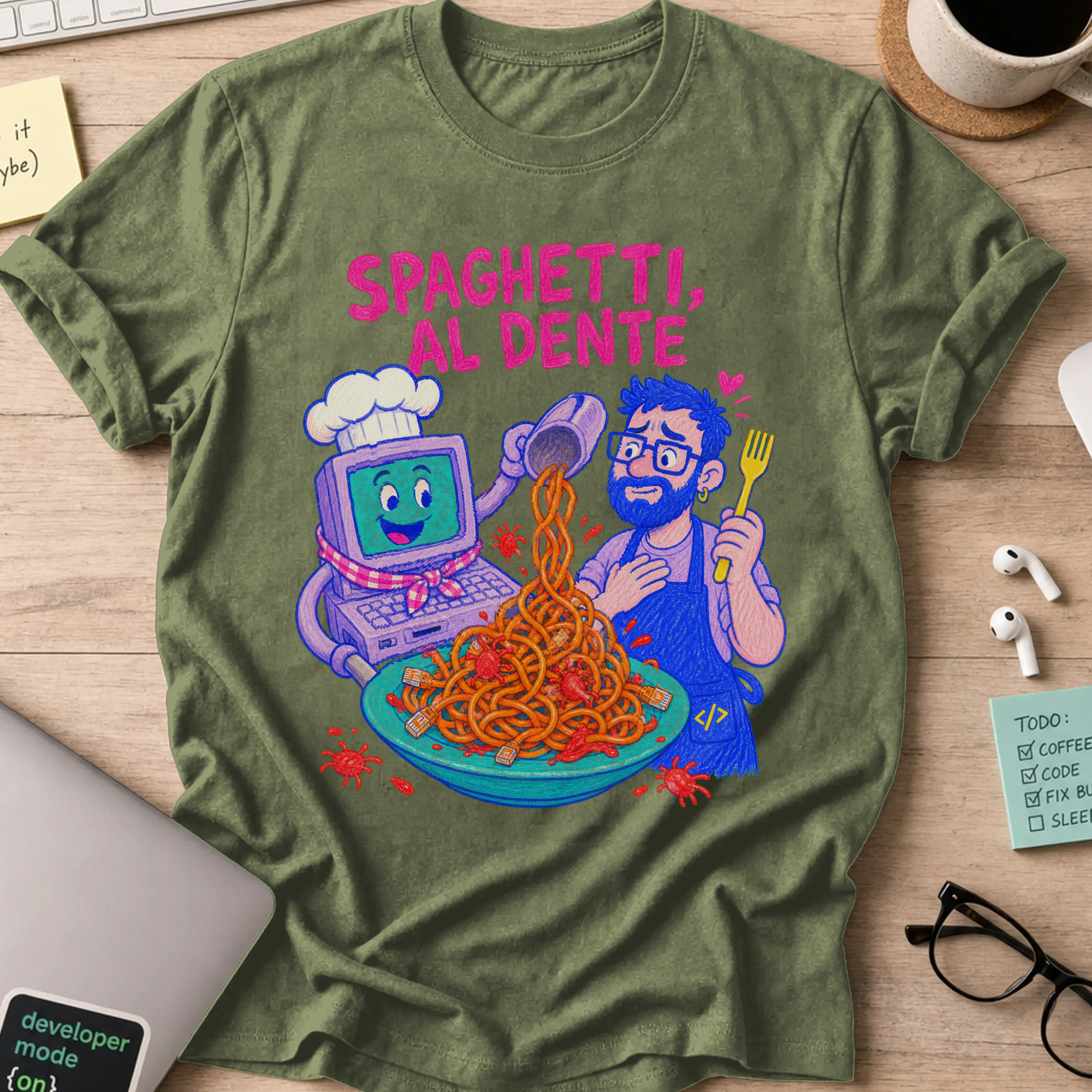 Spaghetti Al Dente Shirt — Military Green storefront mockup