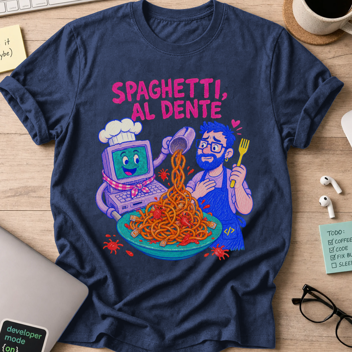 Spaghetti Al Dente Shirt — Navy storefront mockup