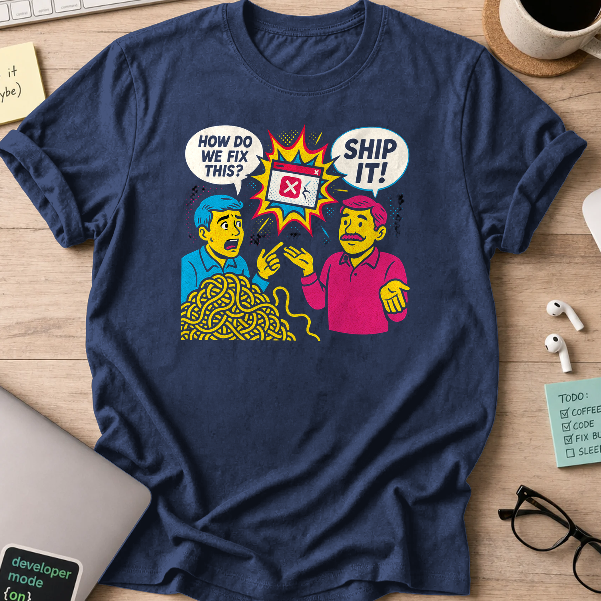 Navy programmer shirt printed with "spaghetti code ship it", a funny developer t-shirt and coding gift for software engineers and coders.