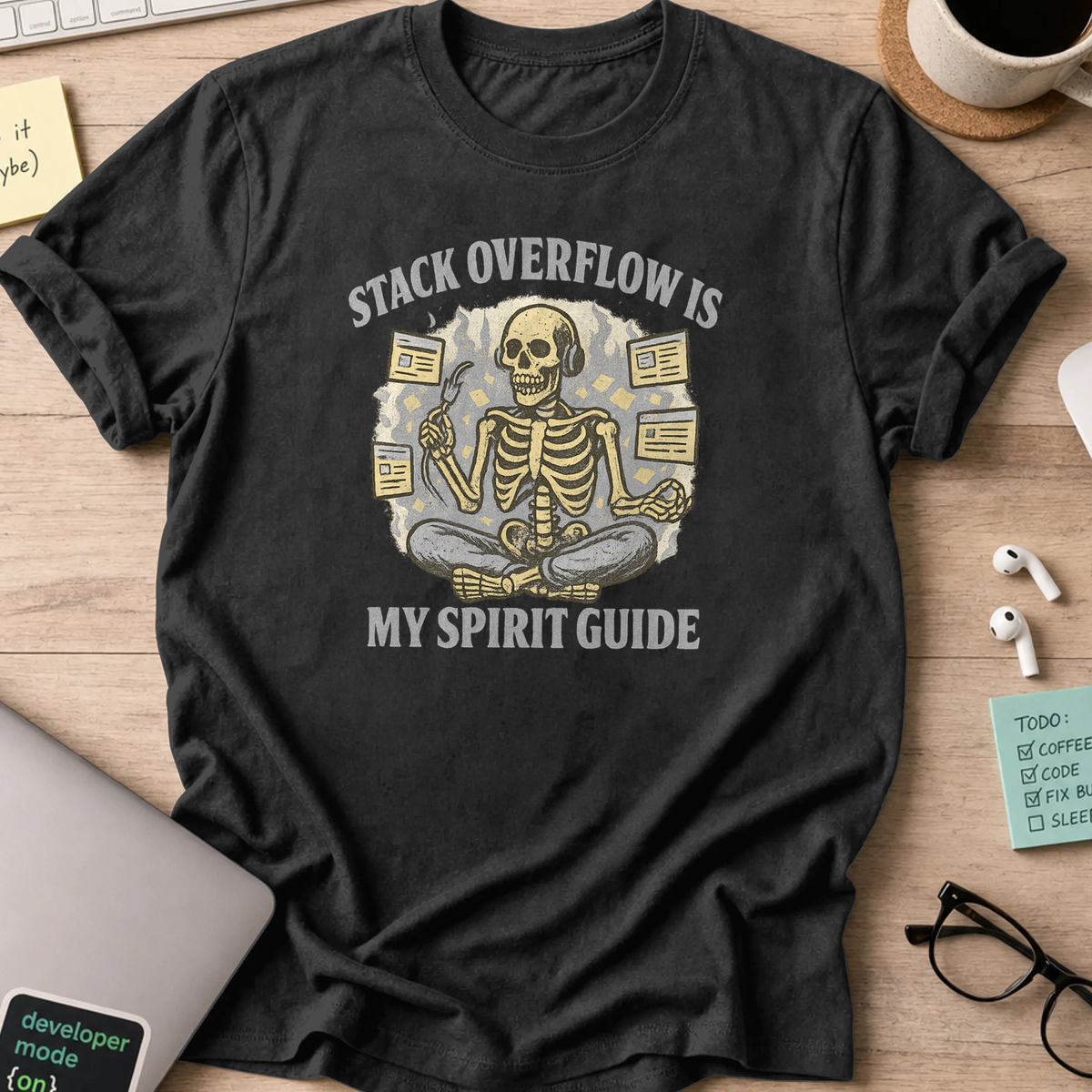stack overflow is my spirit guide skeleton shirt - Black