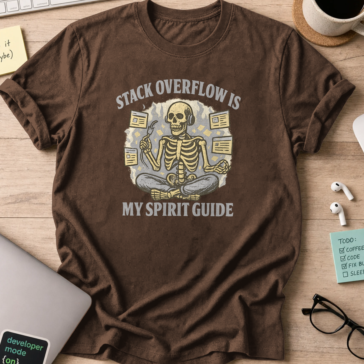 stack overflow is my spirit guide skeleton shirt - Dark Chocolate