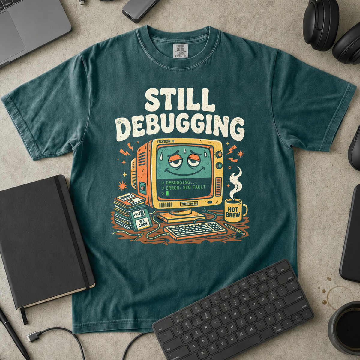 Still Debugging And Caffeinated Premium Shirt — blue spruce Premium Shirt mock-up