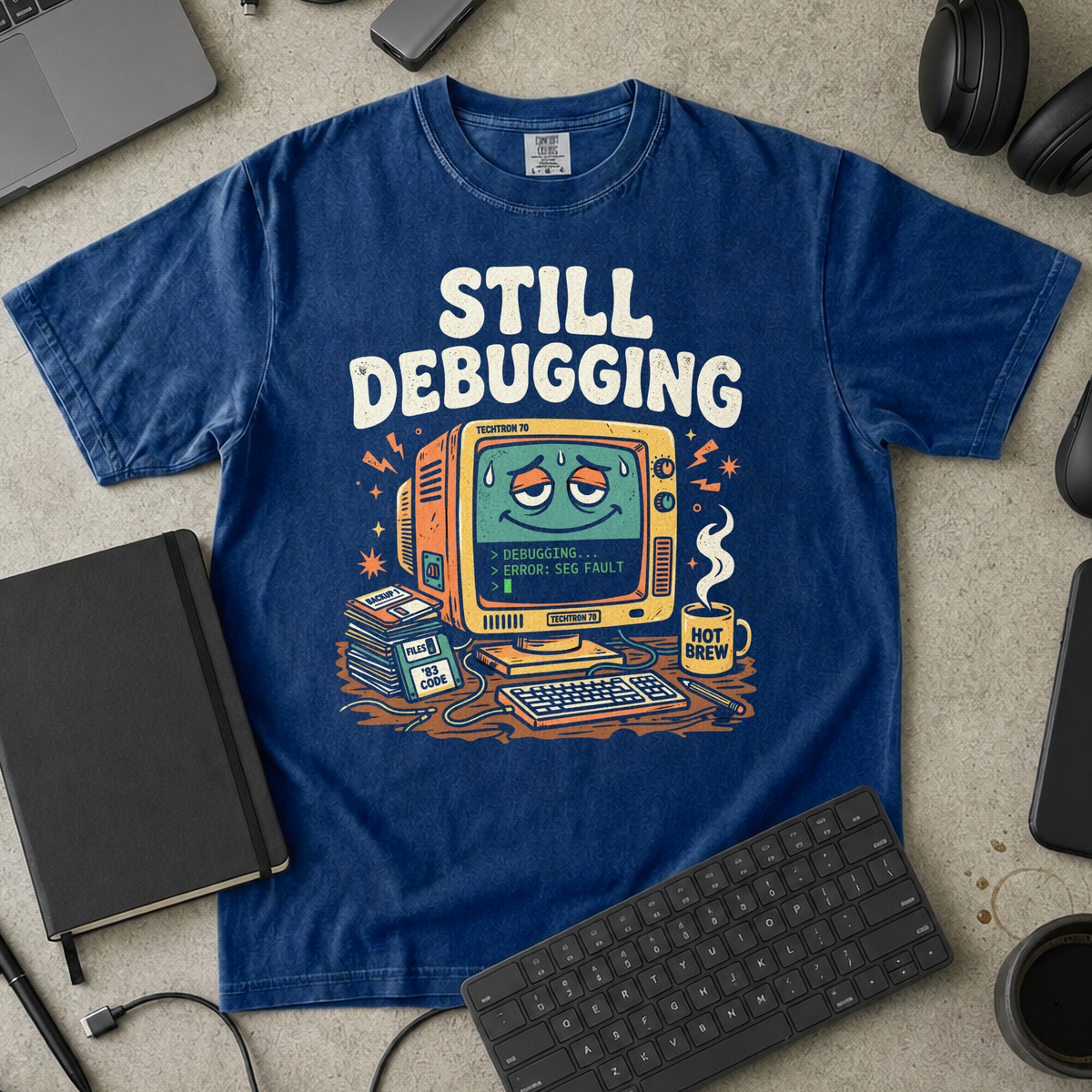 Still Debugging And Caffeinated Premium Shirt — true navy Premium Shirt mock-up