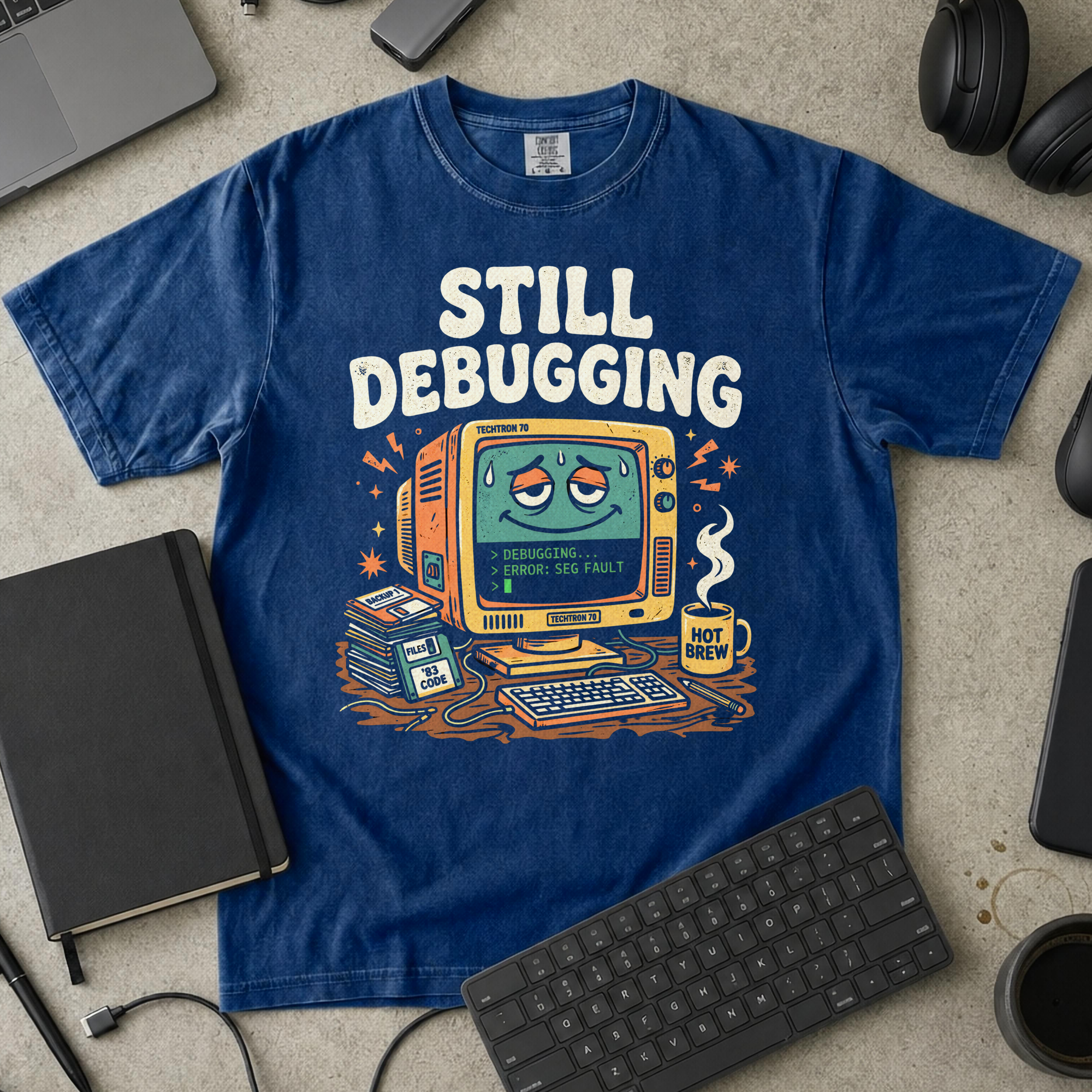 Still Debugging And Caffeinated Premium Shirt — true navy Premium Shirt mock-up