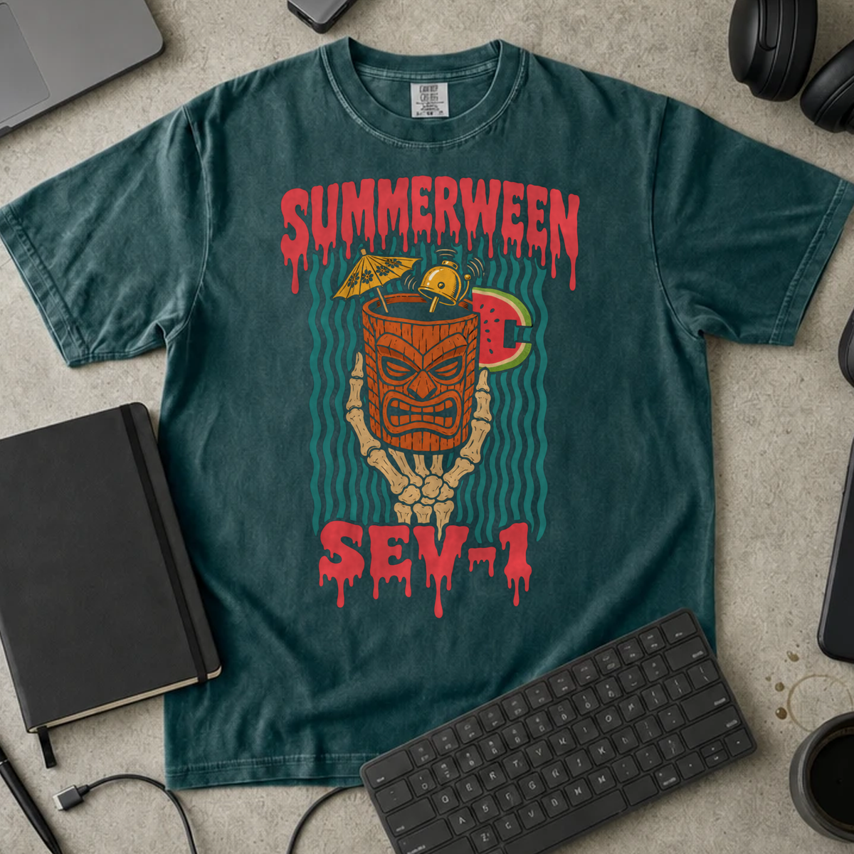 Summerween Sev-1 Shirt — Blue Spruce Comfort Colors 1717 flat lay