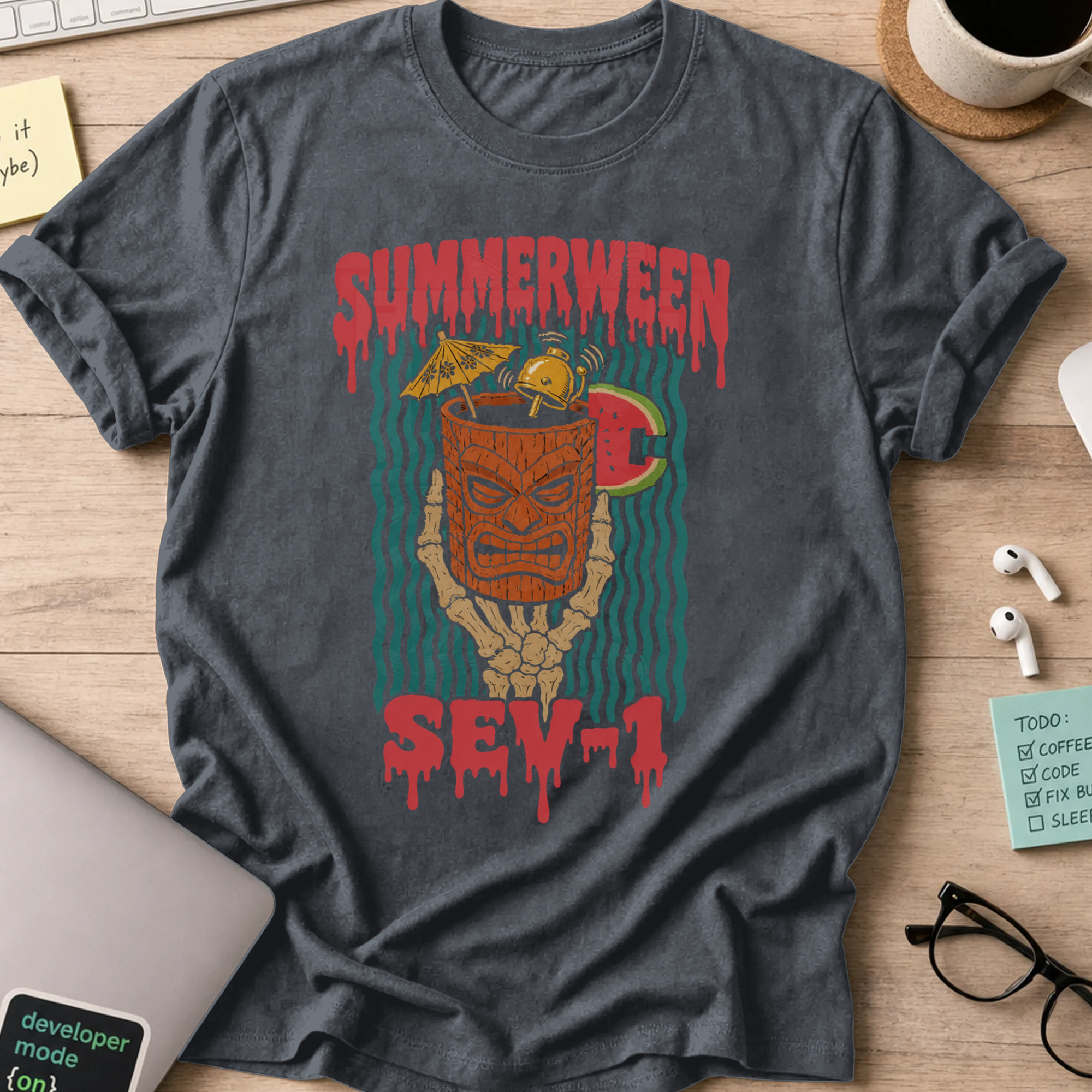 Summerween Seven Shirt — Dark Heather storefront mockup