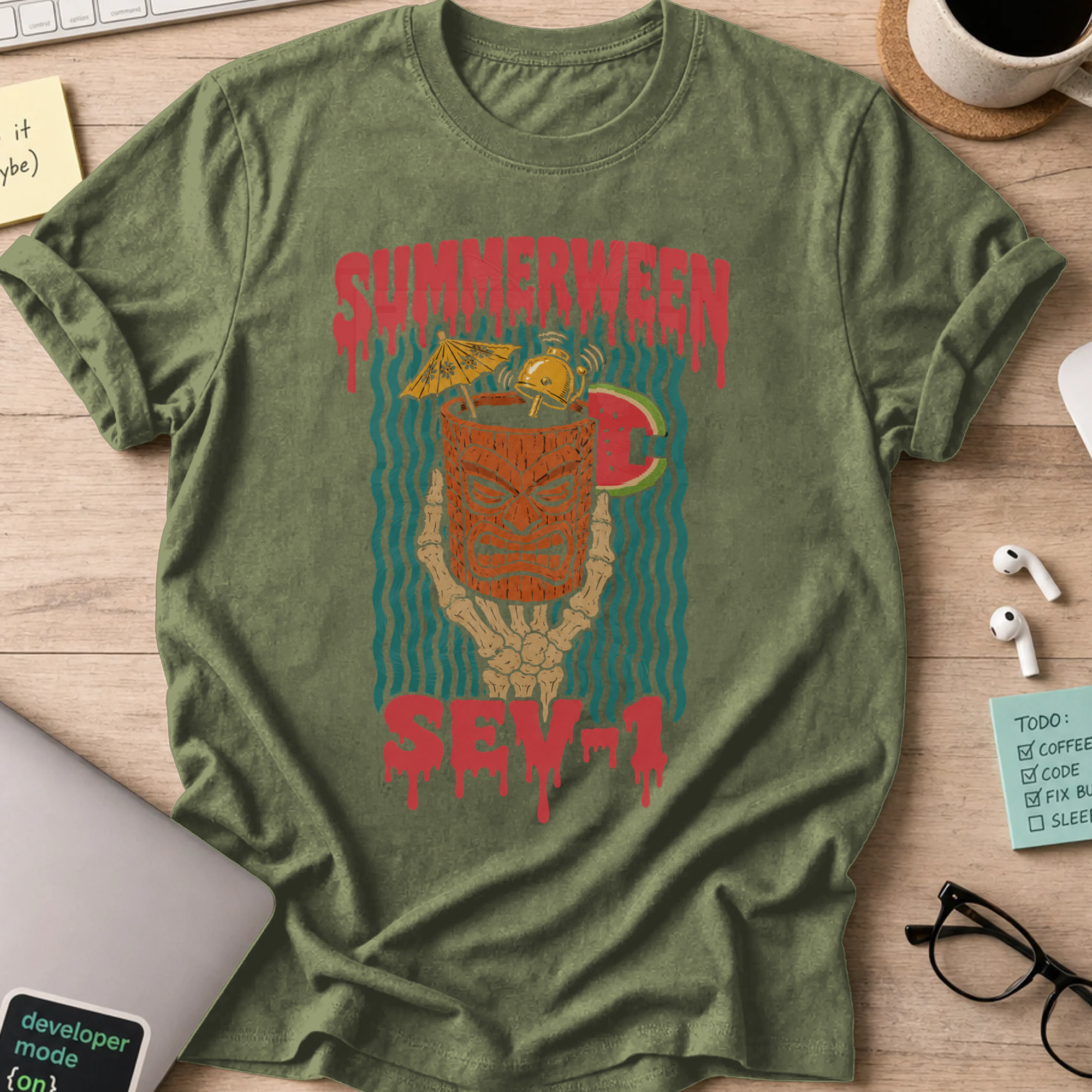 Summerween Seven Shirt — Military Green storefront mockup