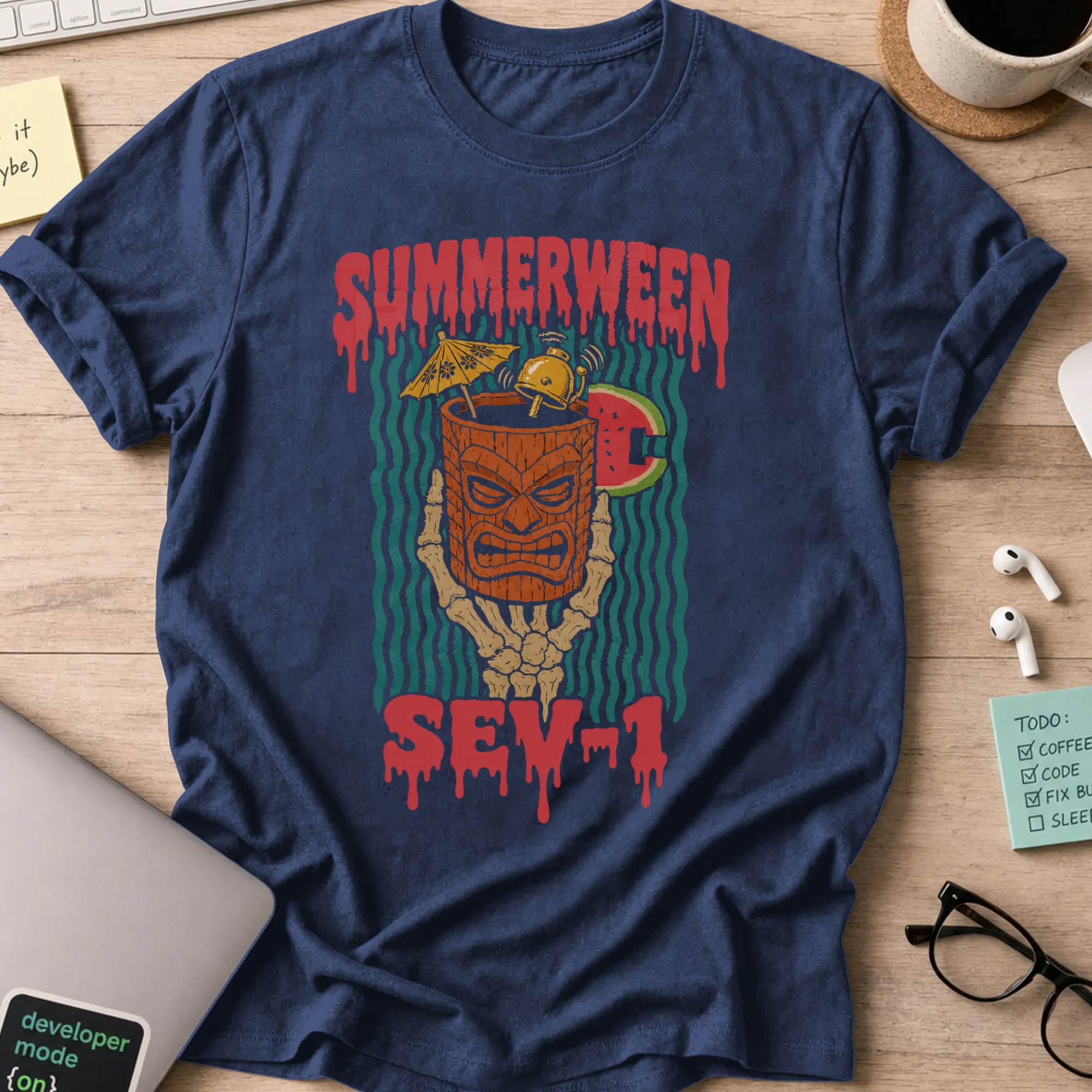 Summerween Seven Shirt — Navy storefront mockup