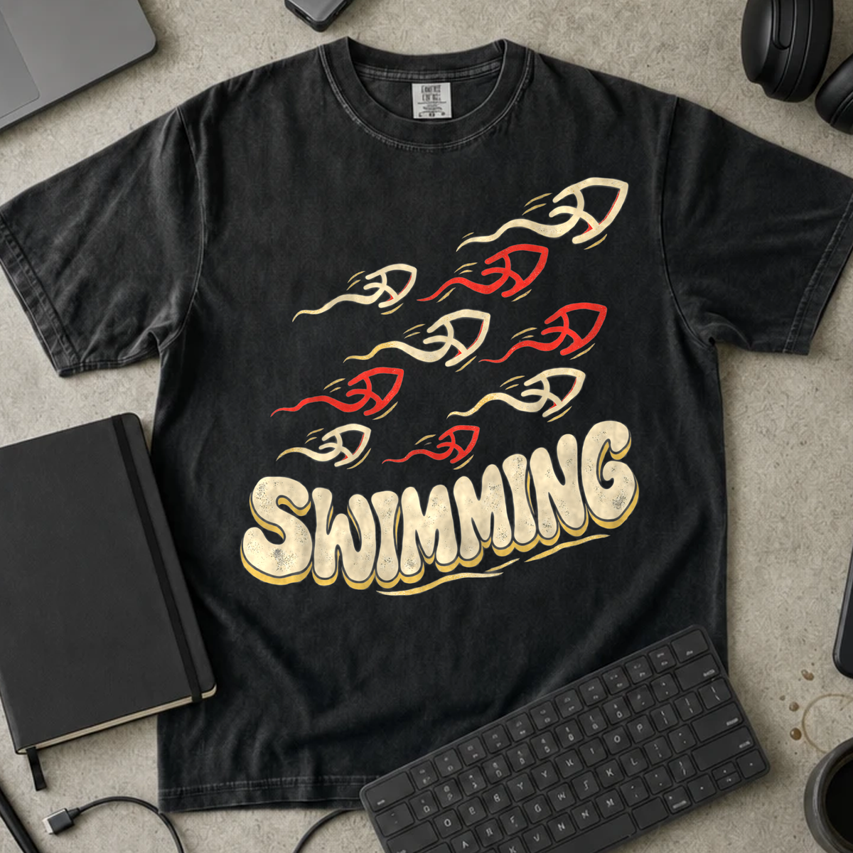 Swimming Shirt — Black Comfort Colors 1717 flat lay
