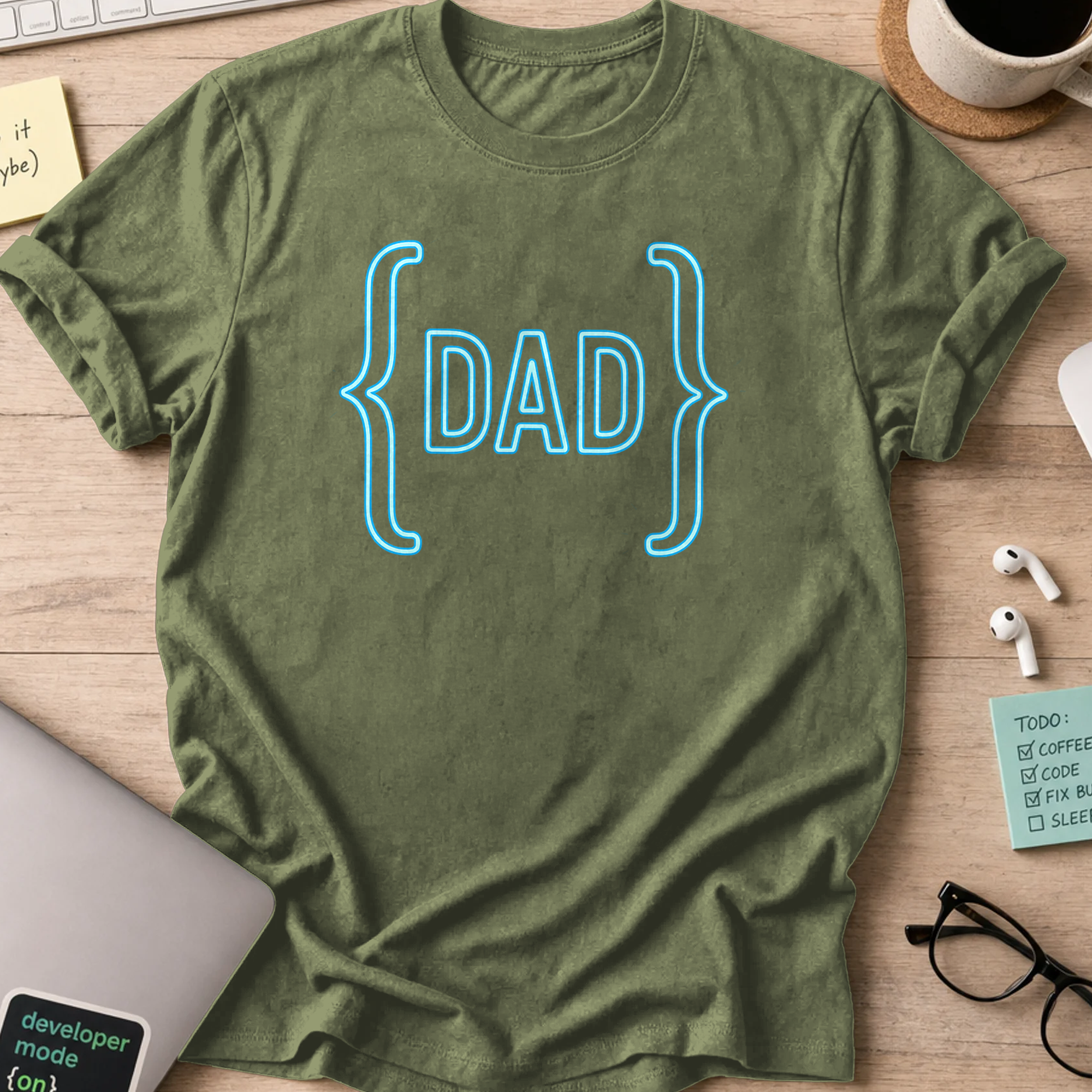 Military Green programmer shirt printed with "tech dad", a funny developer t-shirt and gift for the programmer dad in your life.