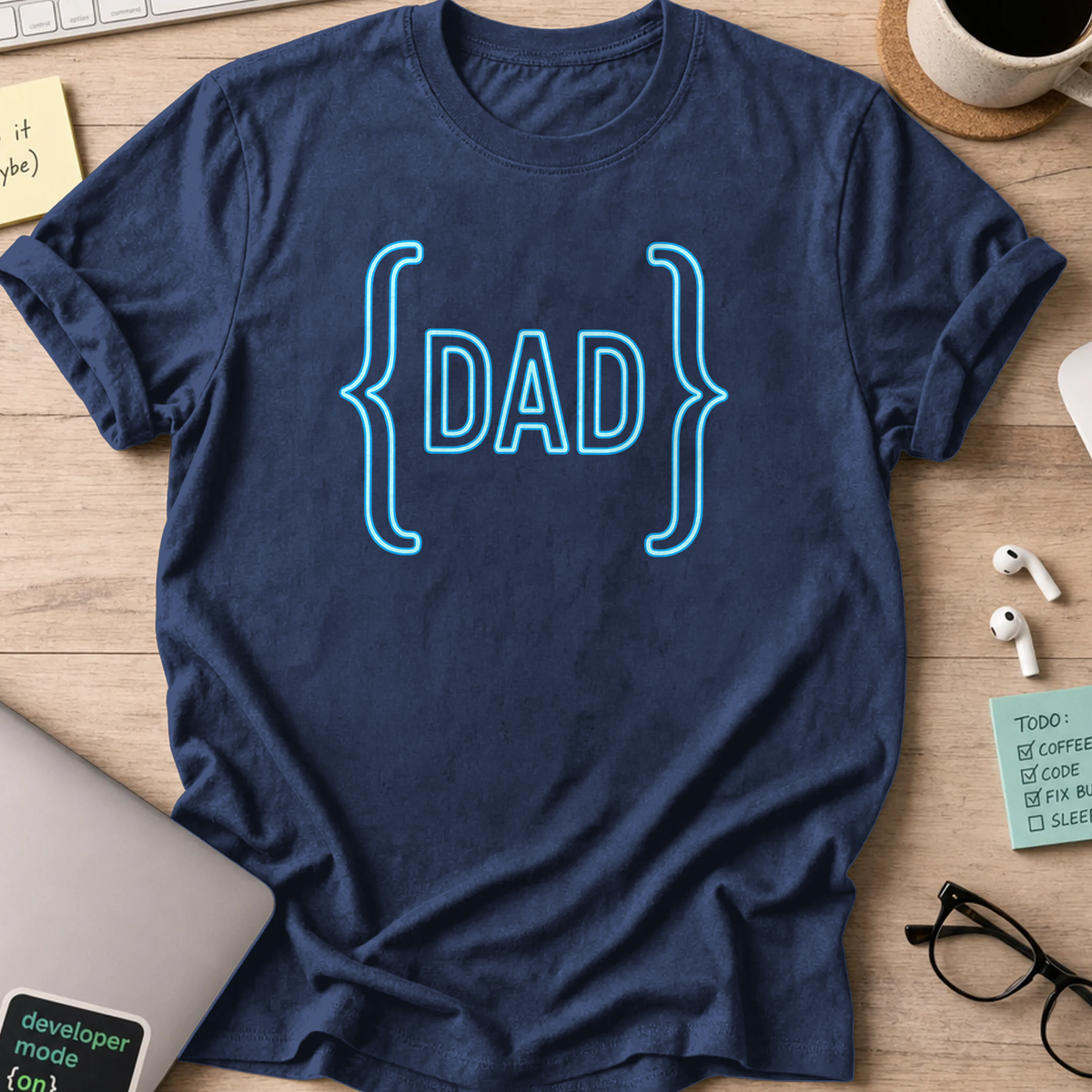 Navy programmer shirt printed with "tech dad", a funny developer t-shirt and gift for the programmer dad in your life.