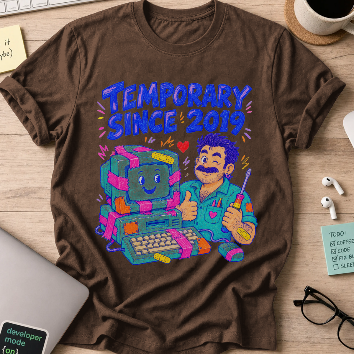 Temporary Since 2019 Shirt — Dark Chocolate storefront mockup