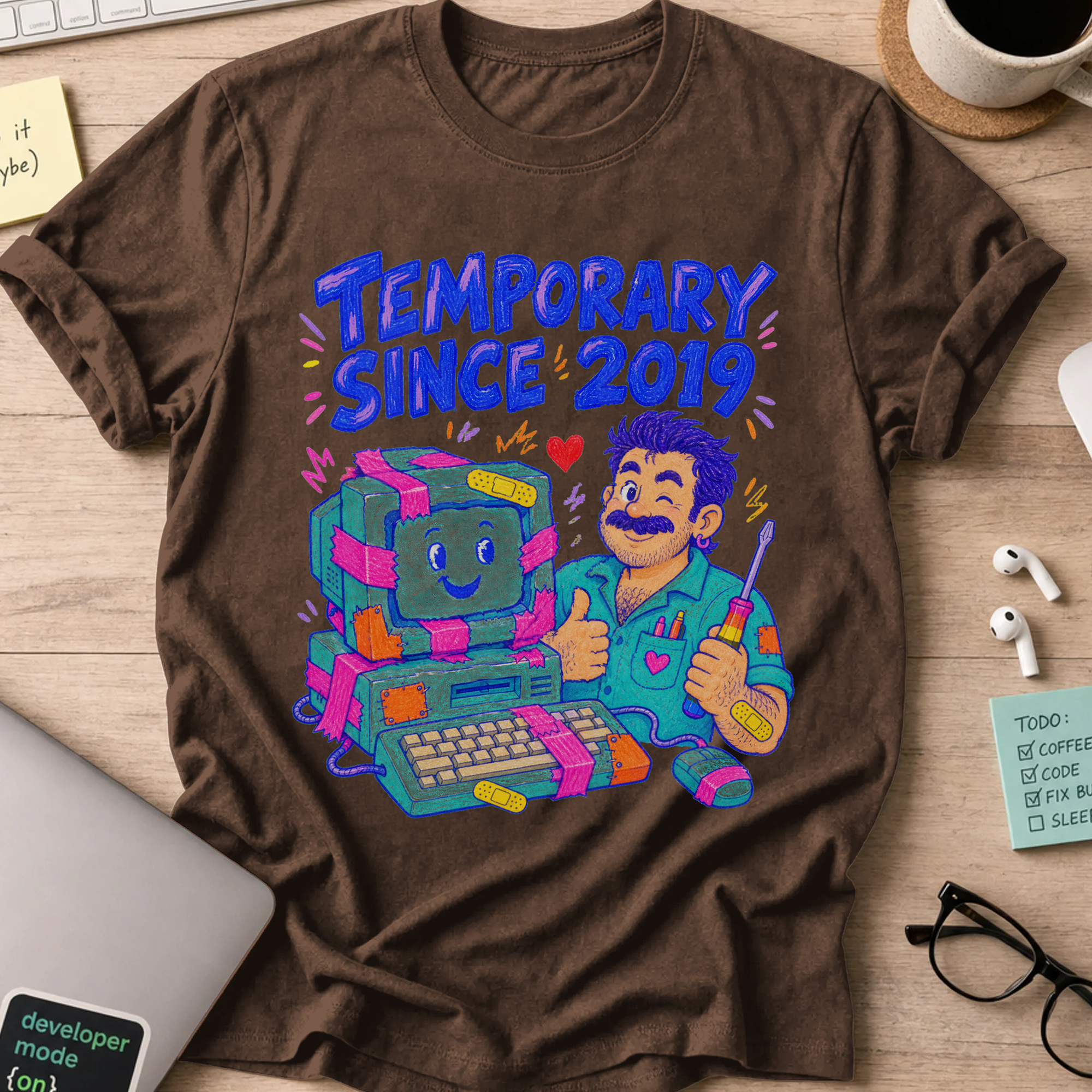 Temporary Since 2019 Shirt — Dark Chocolate storefront mockup
