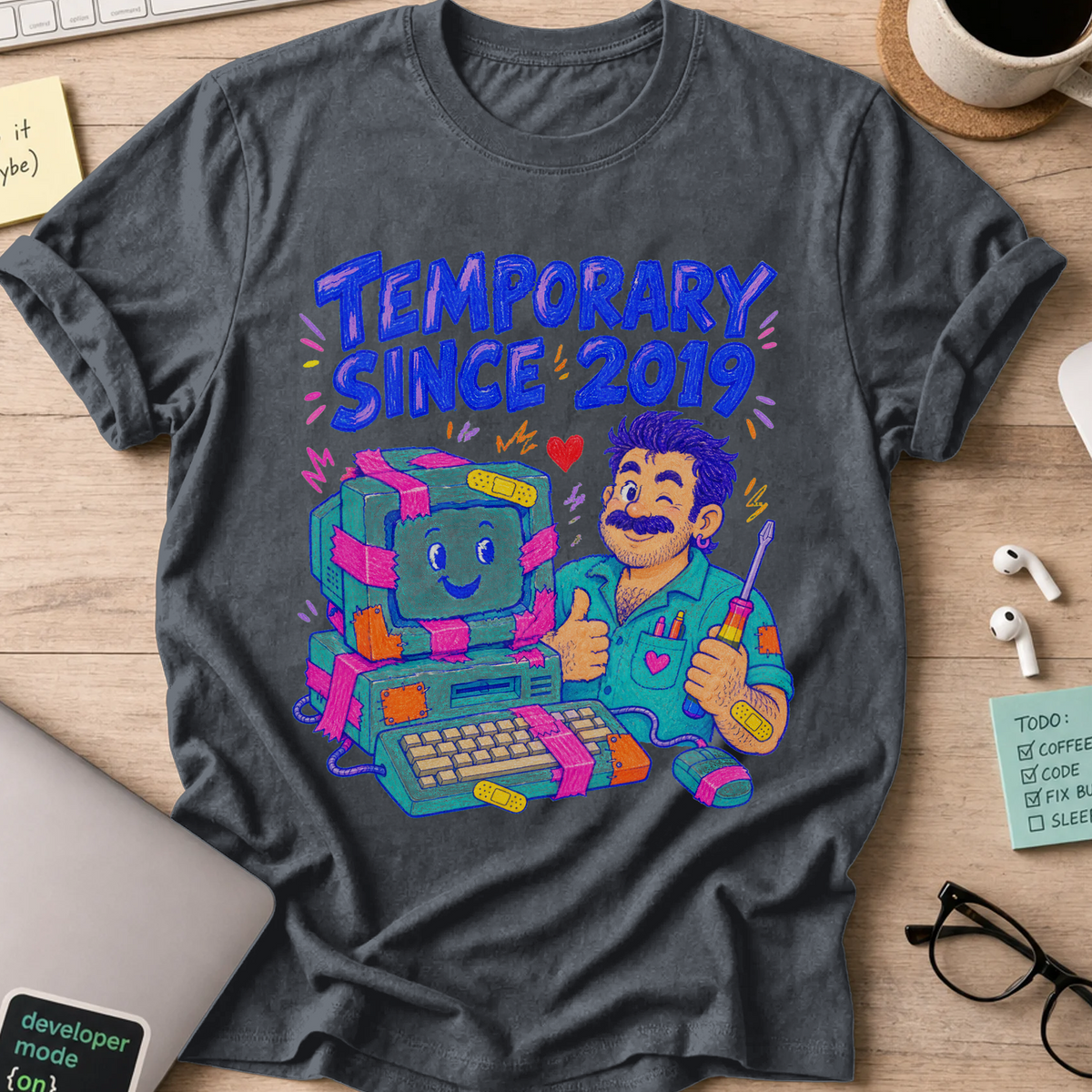 Temporary Since 2019 Shirt — Dark Heather storefront mockup