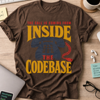 The Call Is Coming from Inside the Codebase Shirt — Dark Chocolate storefront mockup