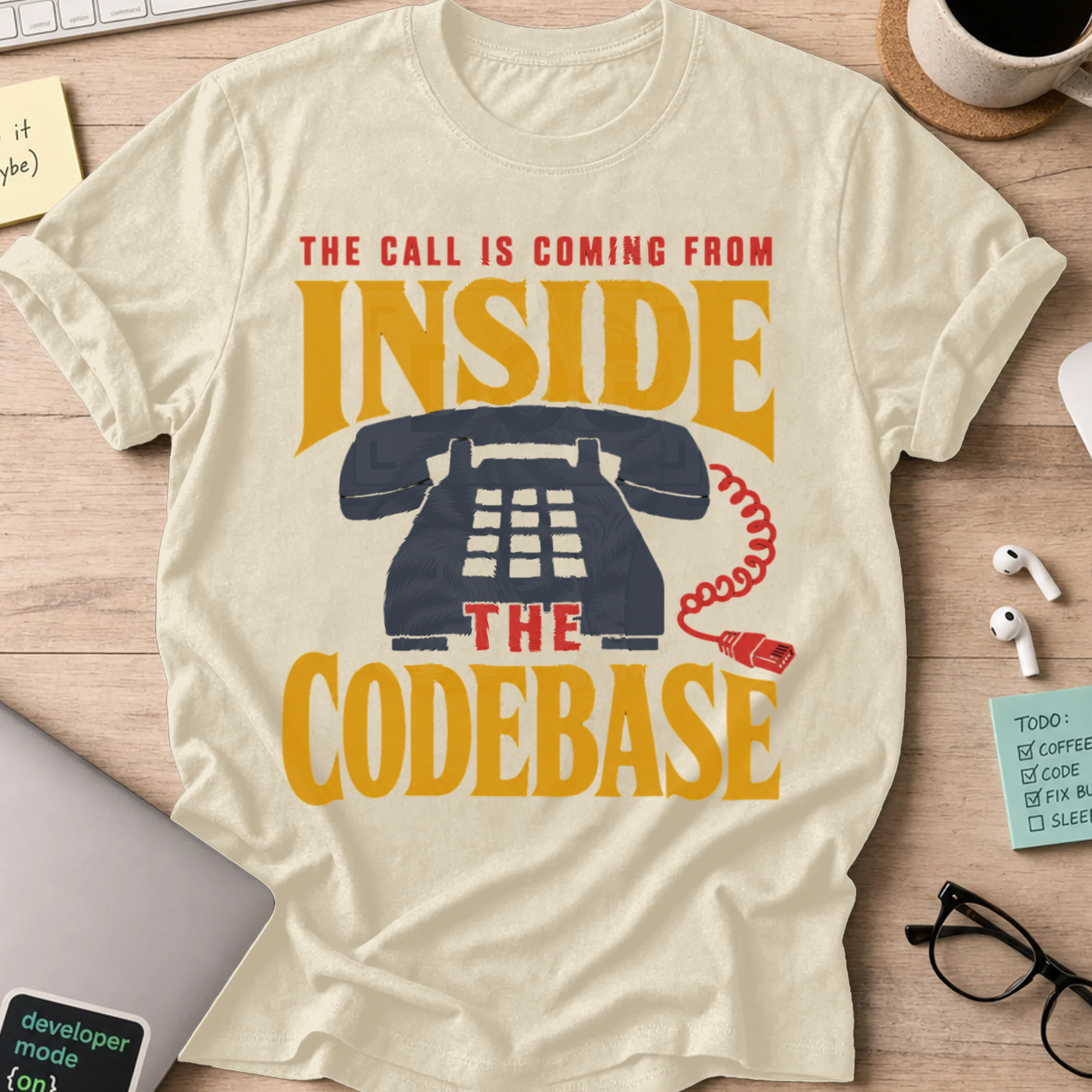 The Call Is Coming from Inside the Codebase Shirt — Natural storefront mockup