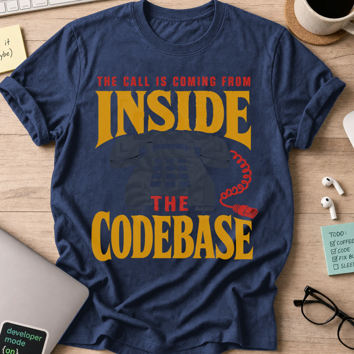 The Call Is Coming from Inside the Codebase Shirt — Navy storefront mockup