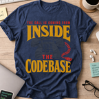 The Call Is Coming from Inside the Codebase Shirt — Navy storefront mockup
