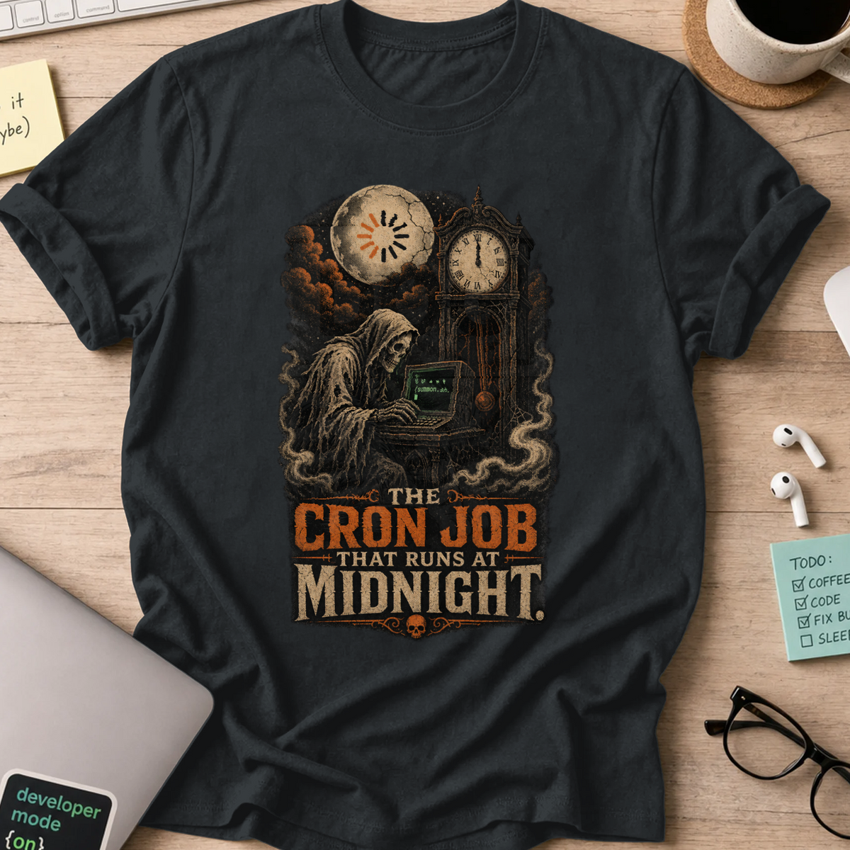 The Cron Job That Runs at Midnight Shirt — Black storefront mockup