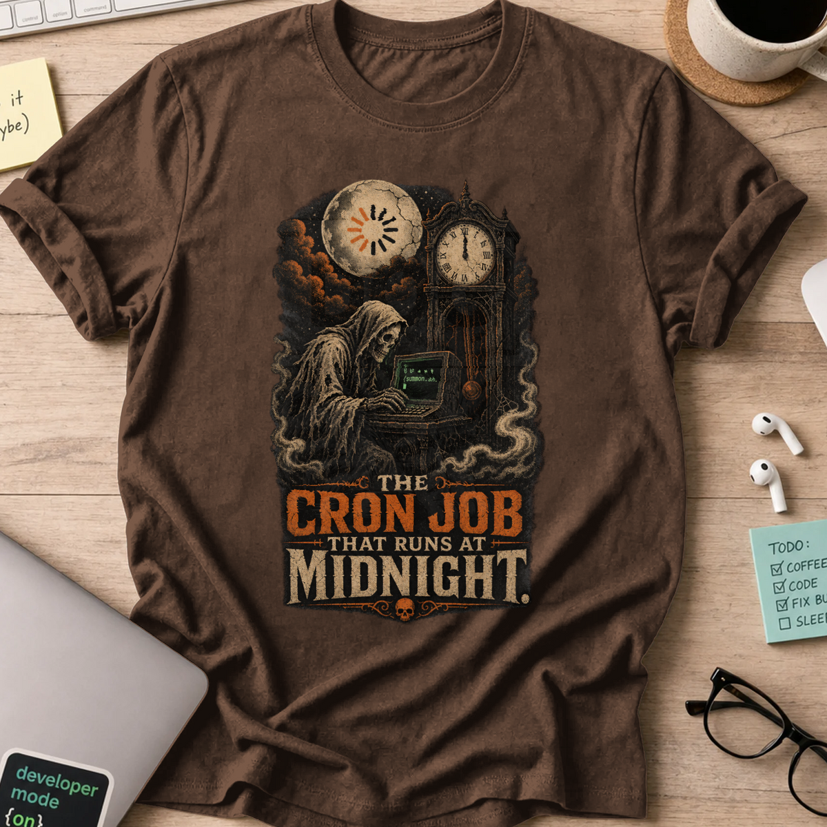 The Cron Job That Runs at Midnight Shirt — Dark Chocolate storefront mockup