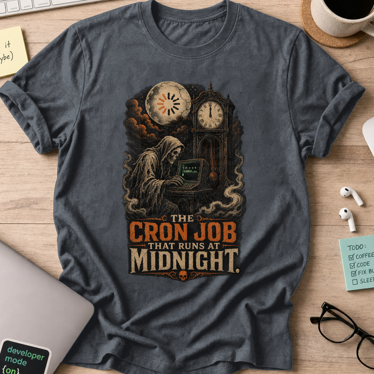 The Cron Job That Runs at Midnight Shirt — Dark Heather storefront mockup