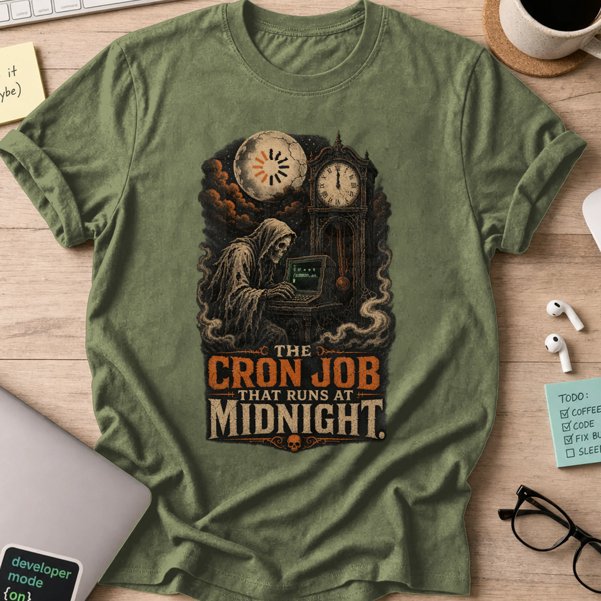 The Cron Job That Runs at Midnight Shirt — Military Green storefront mockup