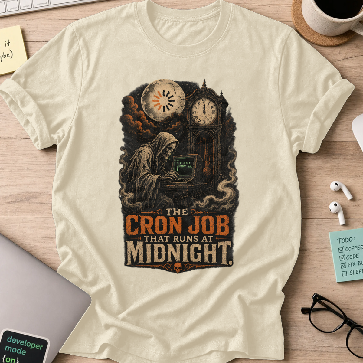 The Cron Job That Runs at Midnight Shirt — Natural storefront mockup