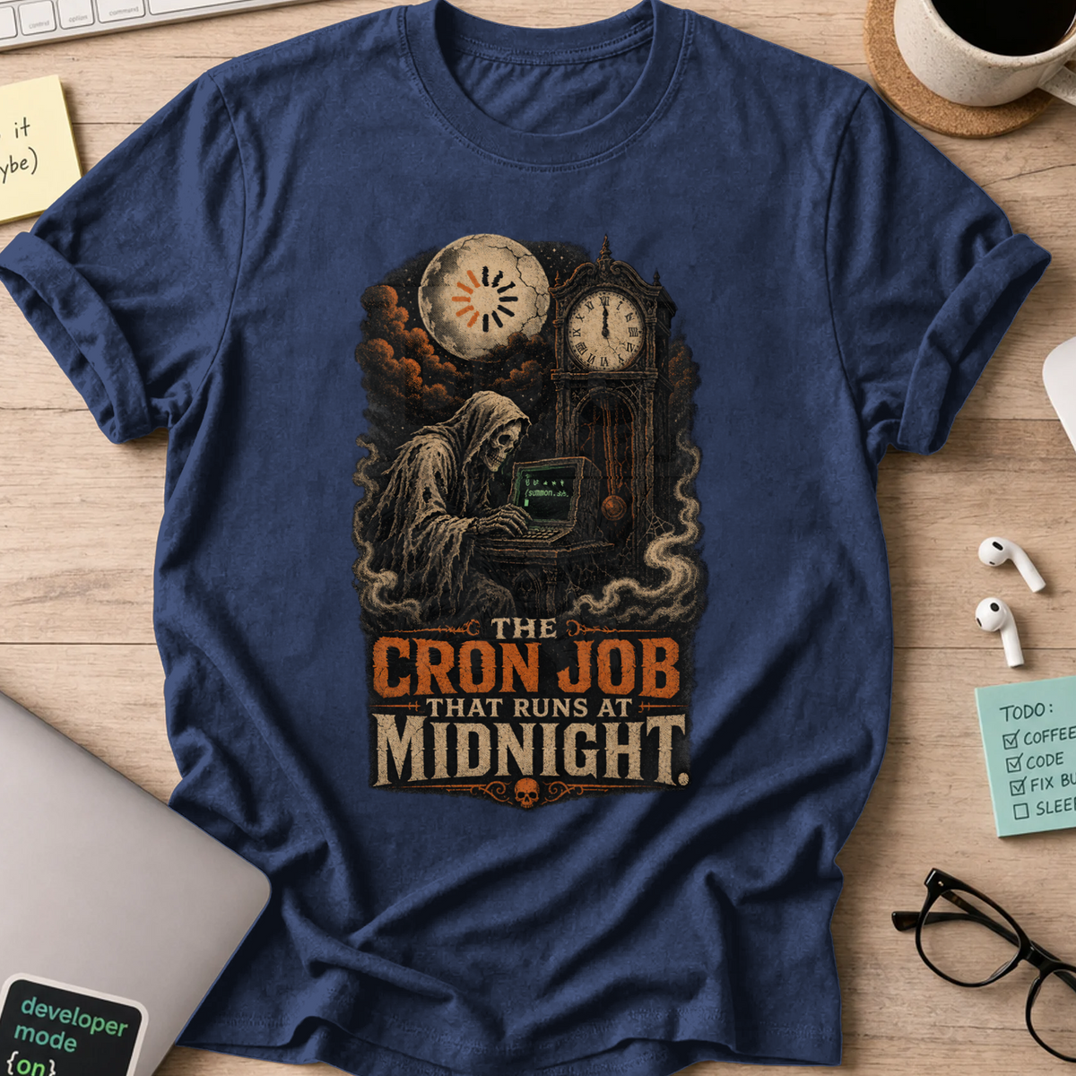 The Cron Job That Runs at Midnight Shirt — Navy storefront mockup