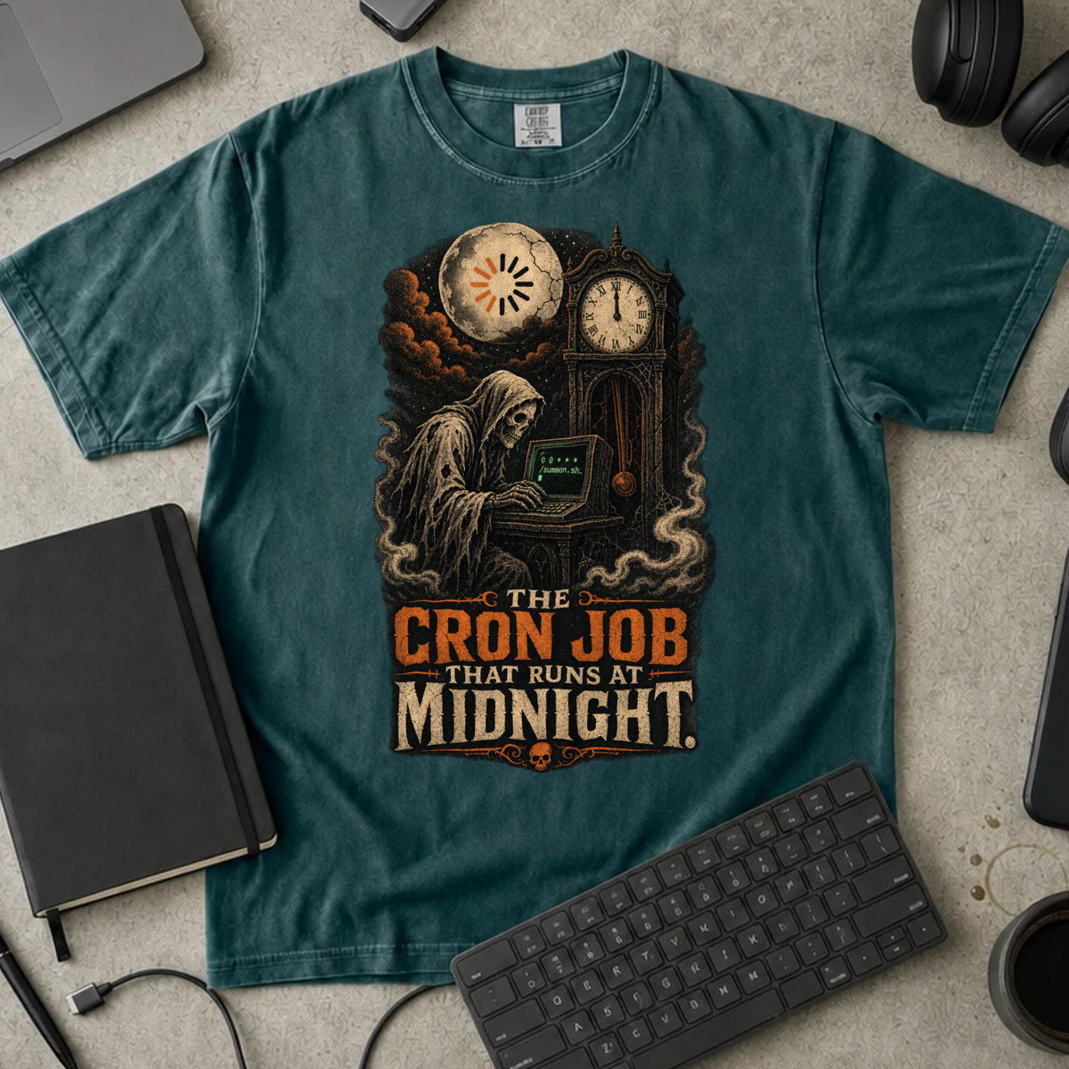 The Cron Job That Runs at Midnight Shirt — Blue Spruce Comfort Colors 1717 flat lay
