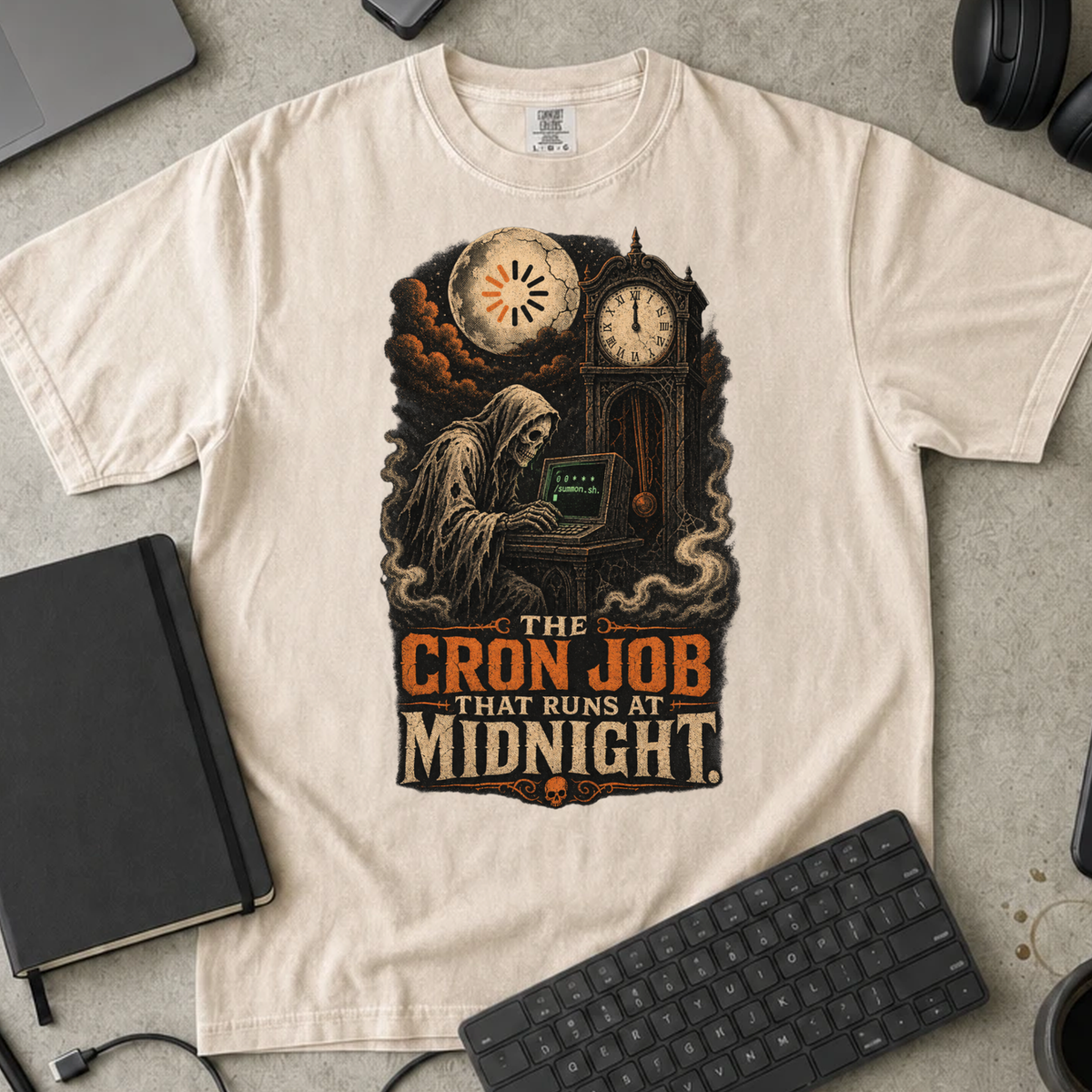 The Cron Job That Runs at Midnight Shirt — Ivory Comfort Colors 1717 flat lay