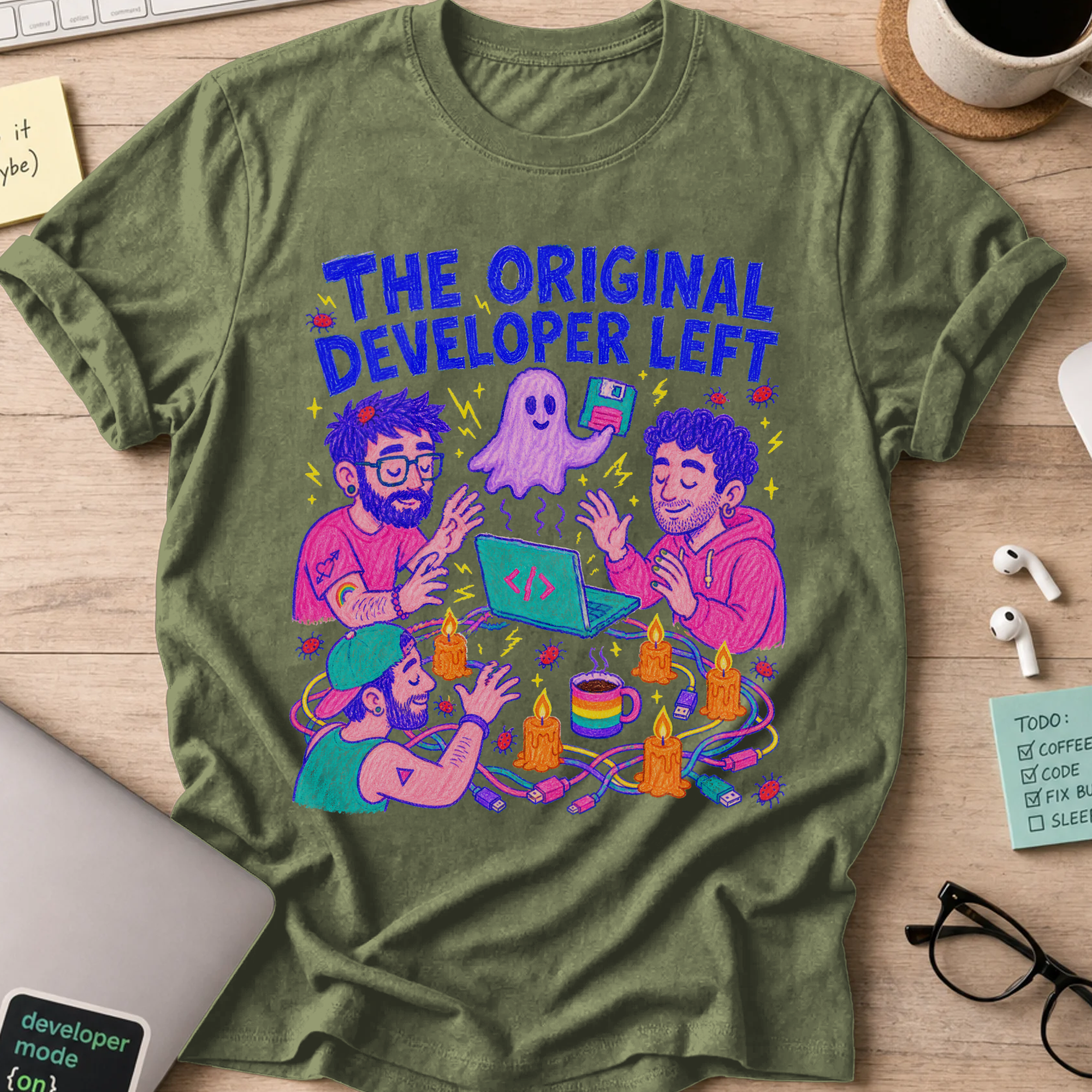 The Original Developer Left Shirt — Military Green storefront mockup