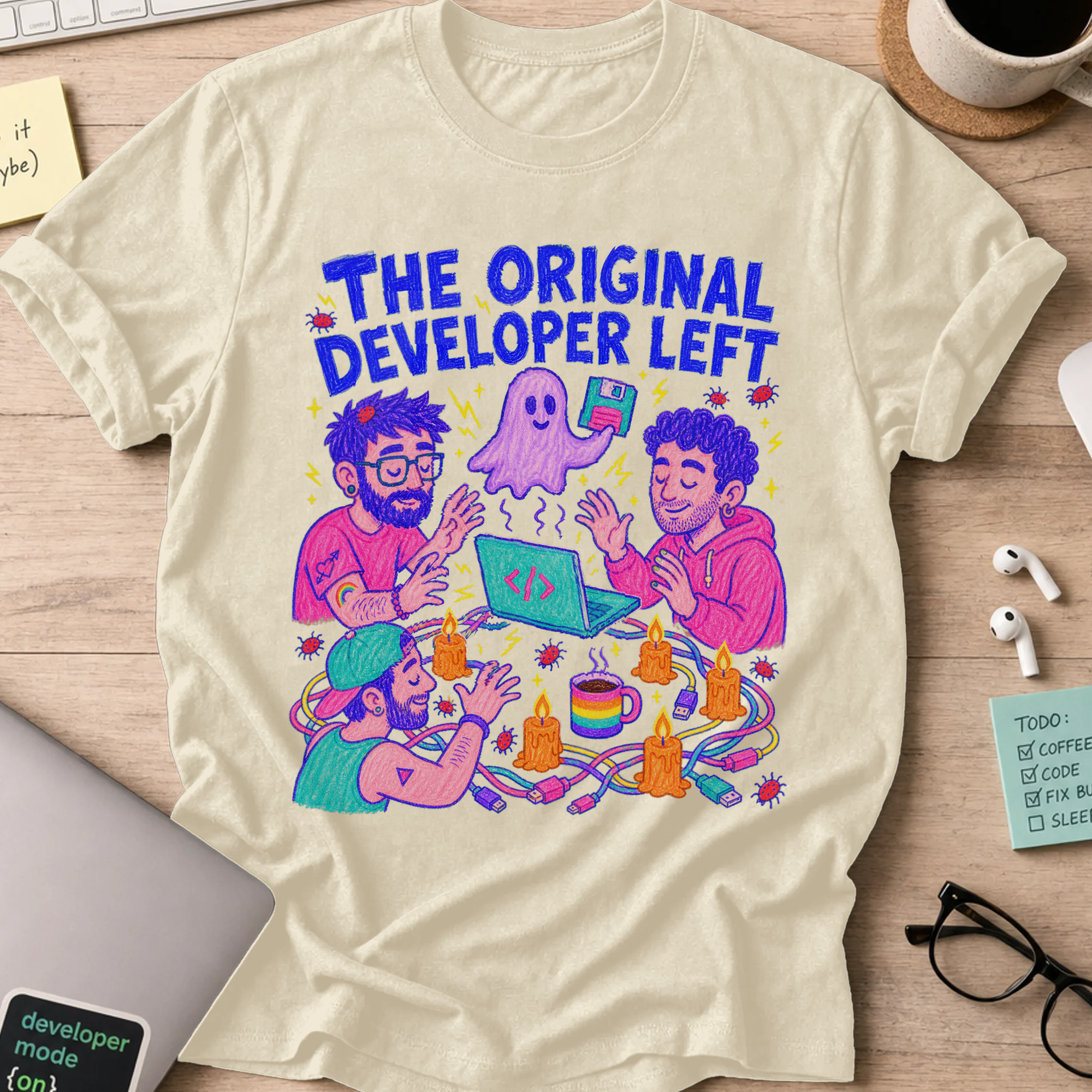 The Original Developer Left Shirt — Natural storefront mockup