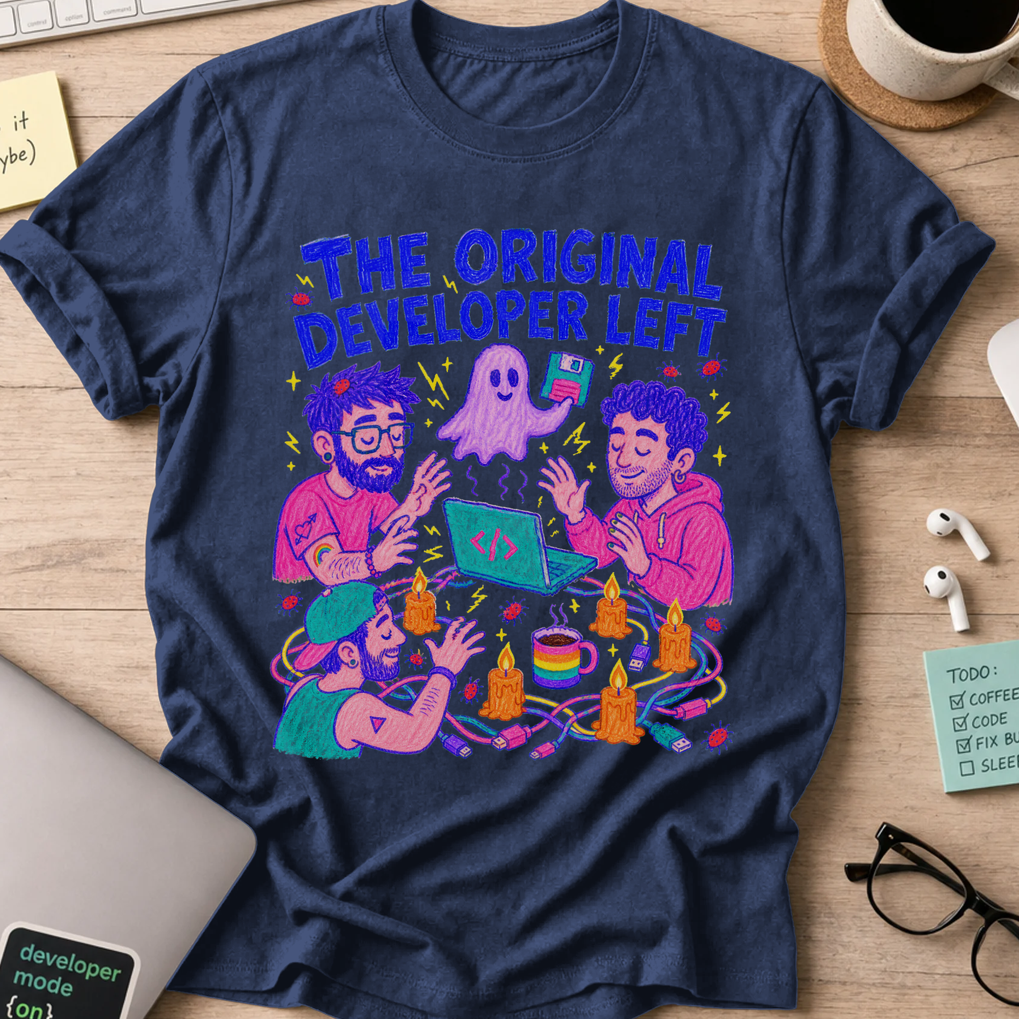 The Original Developer Left Shirt — Navy storefront mockup