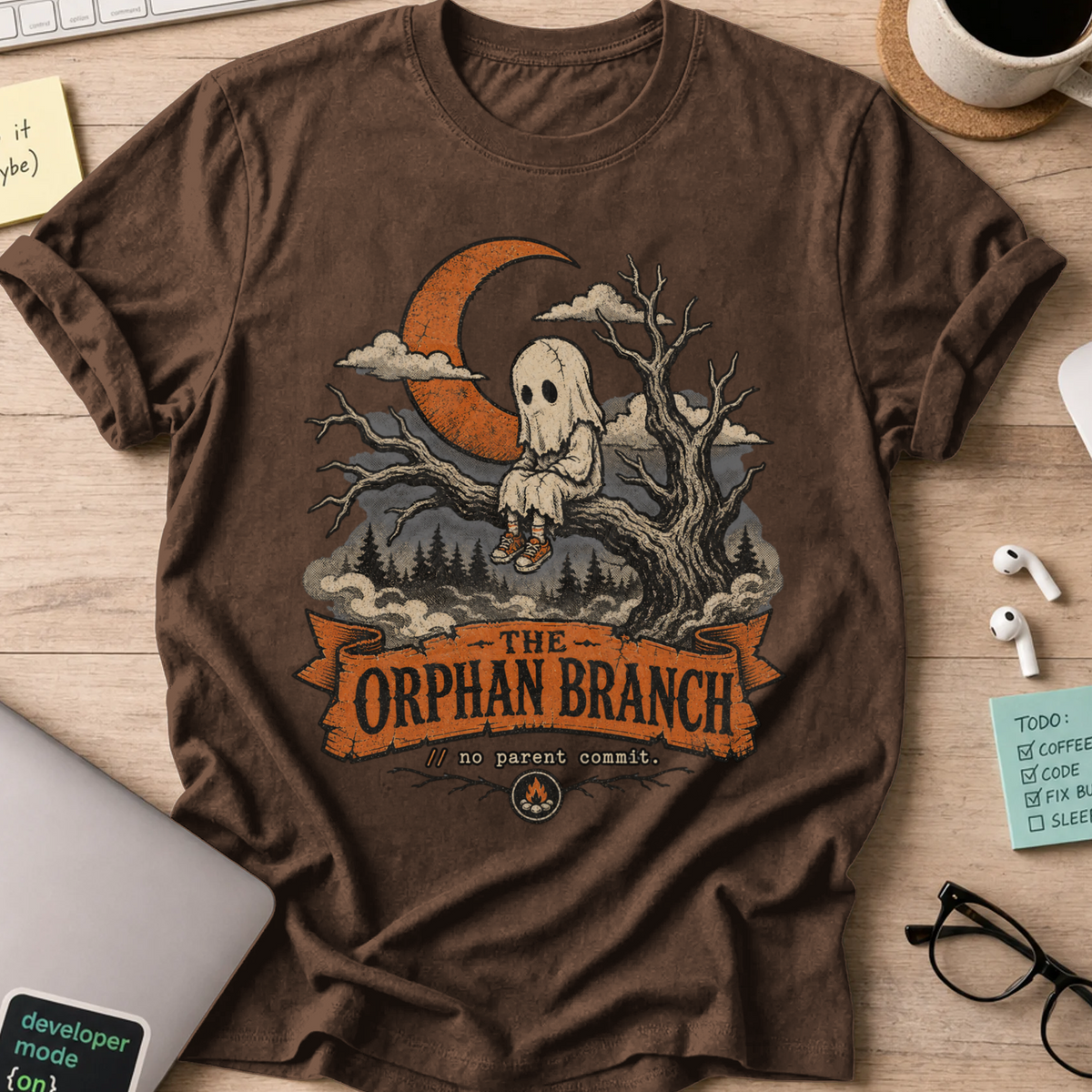 The Orphan Branch Shirt — Dark Chocolate storefront mockup